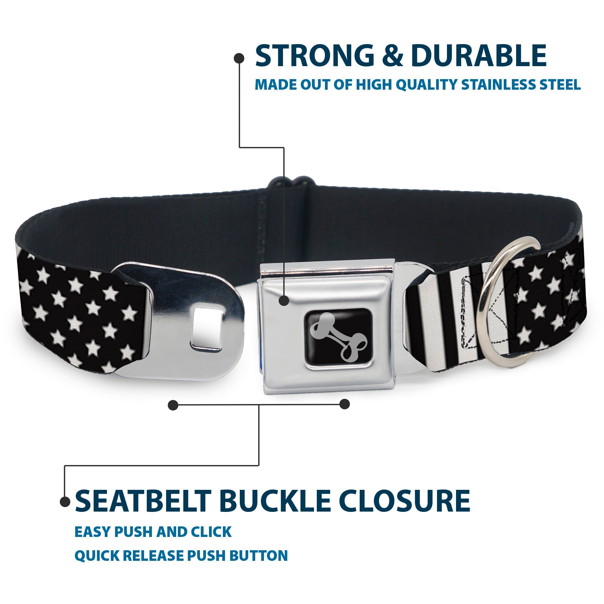 Dog Bone Seatbelt Buckle Collar - American Flag CLOSE-UP Black/White