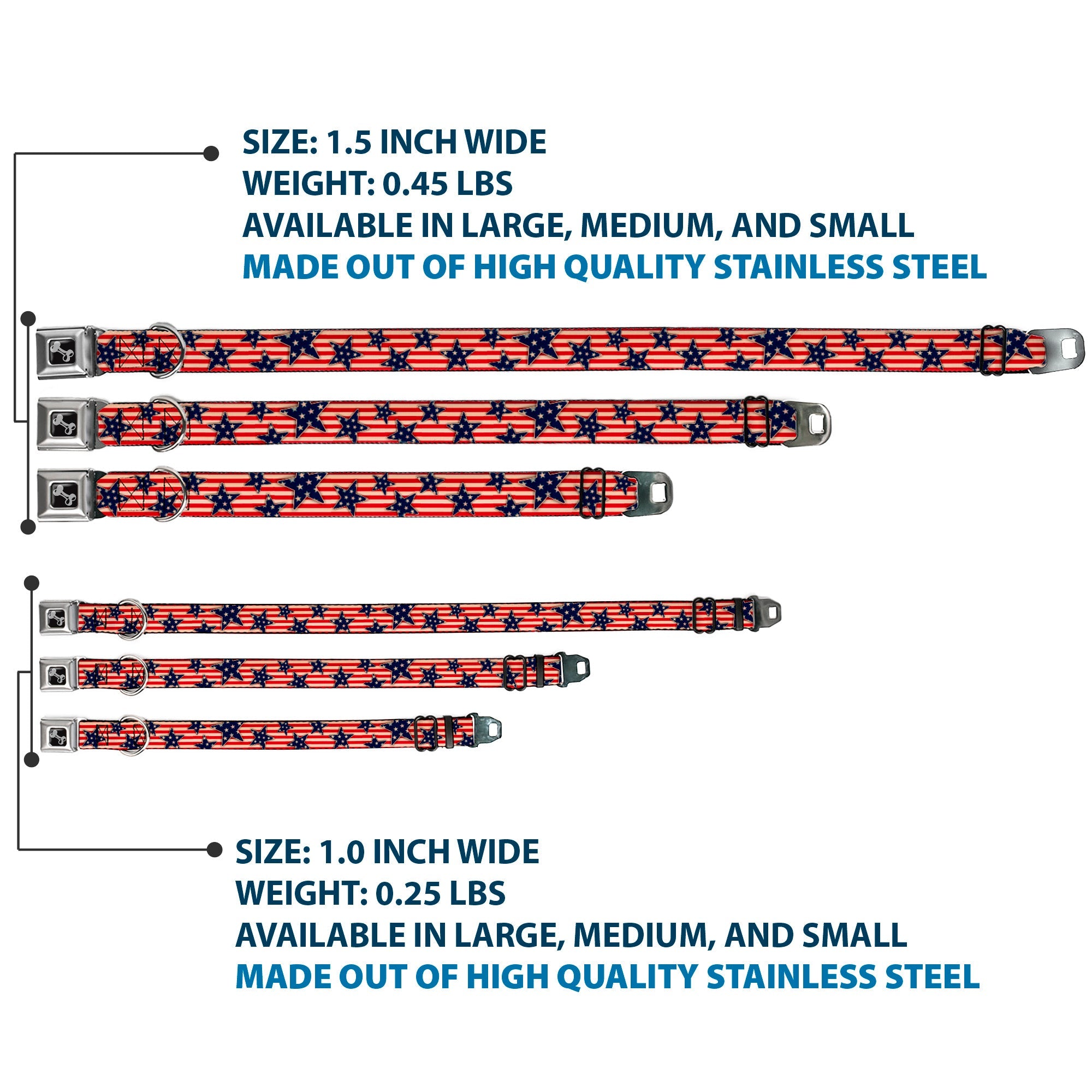 Dog Bone Seatbelt Buckle Collar - Americana Stars & Stripes Red/White/Blue/White