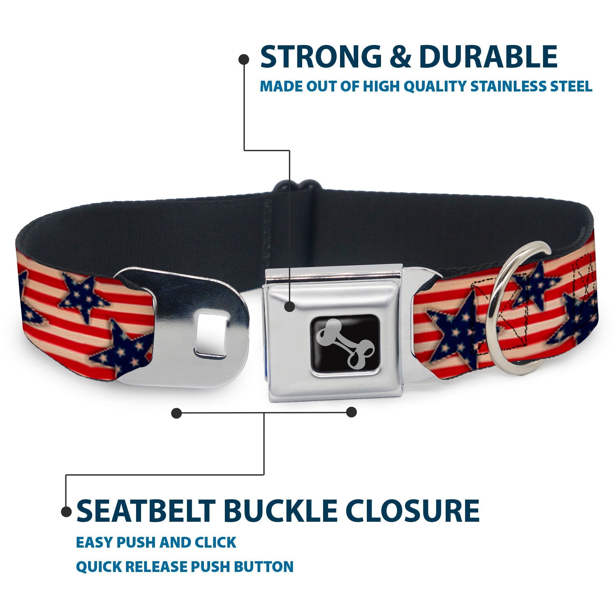 Dog Bone Seatbelt Buckle Collar - Americana Stars & Stripes Red/White/Blue/White