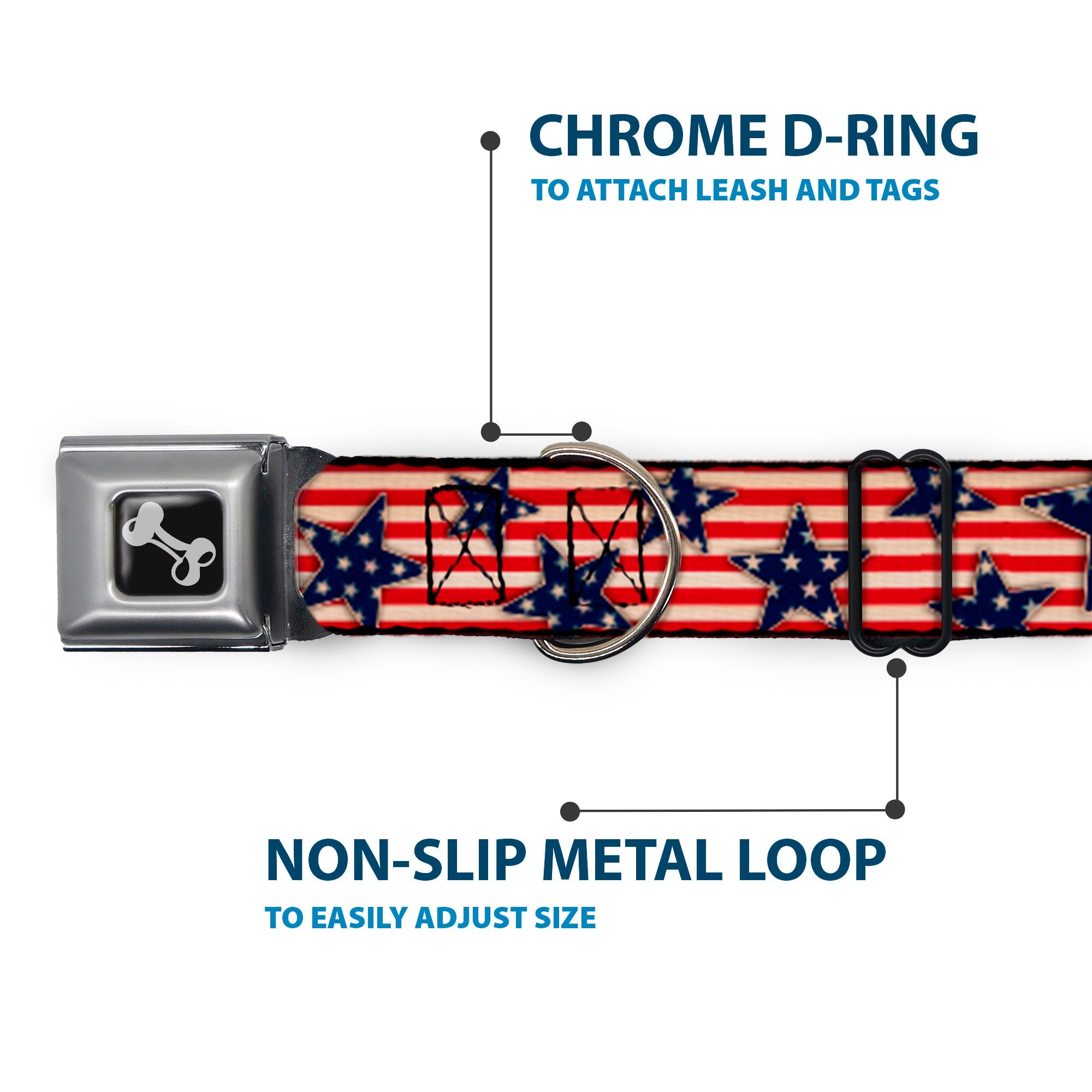Dog Bone Seatbelt Buckle Collar - Americana Stars & Stripes Red/White/Blue/White
