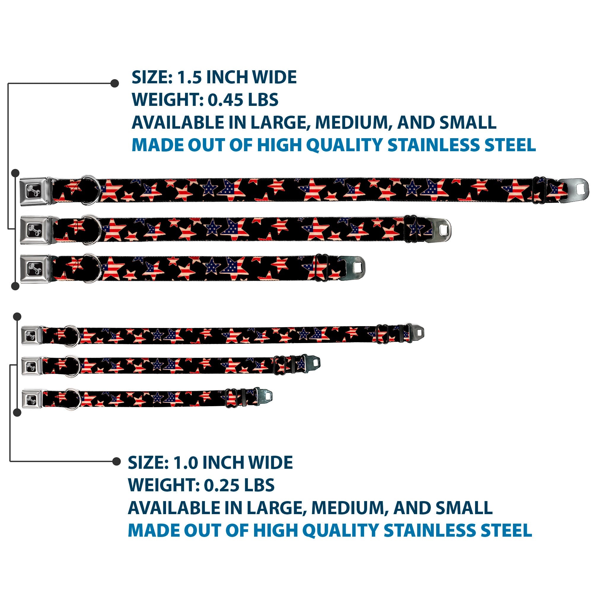 Dog Bone Seatbelt Buckle Collar - Americana Stars & Flags Black/Red/White/Blue