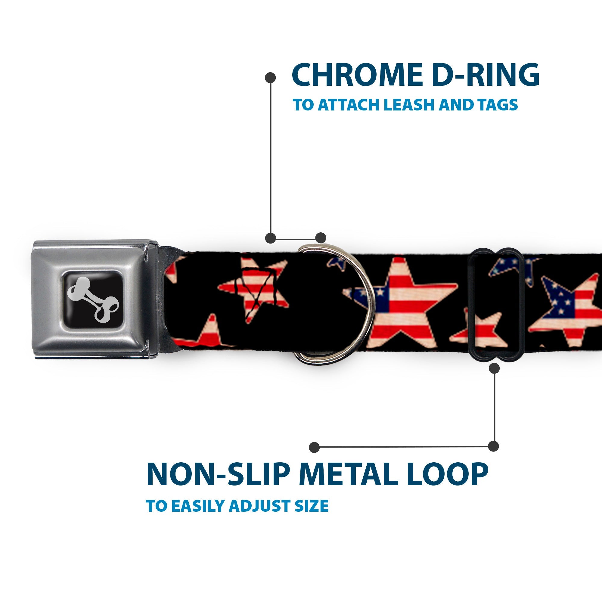 Dog Bone Seatbelt Buckle Collar - Americana Stars & Flags Black/Red/White/Blue