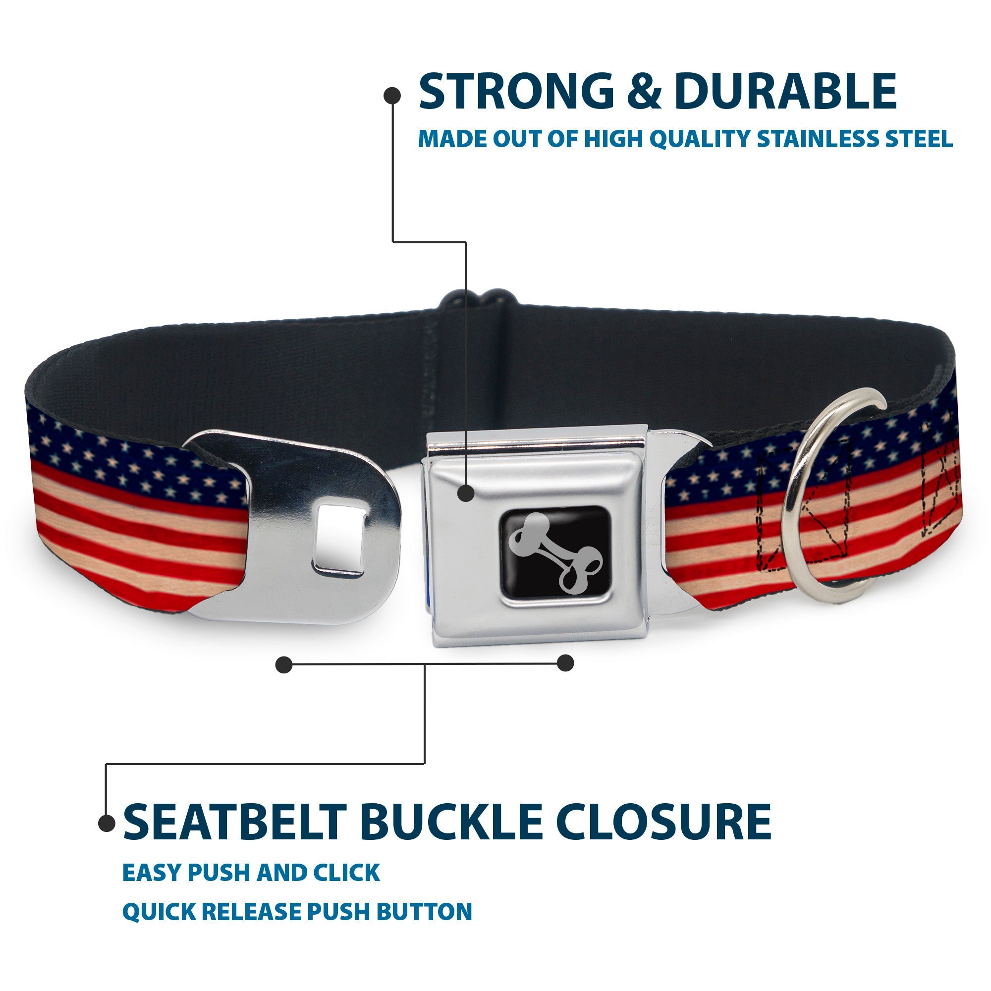 Dog Bone Seatbelt Buckle Collar - American Flag Stripe