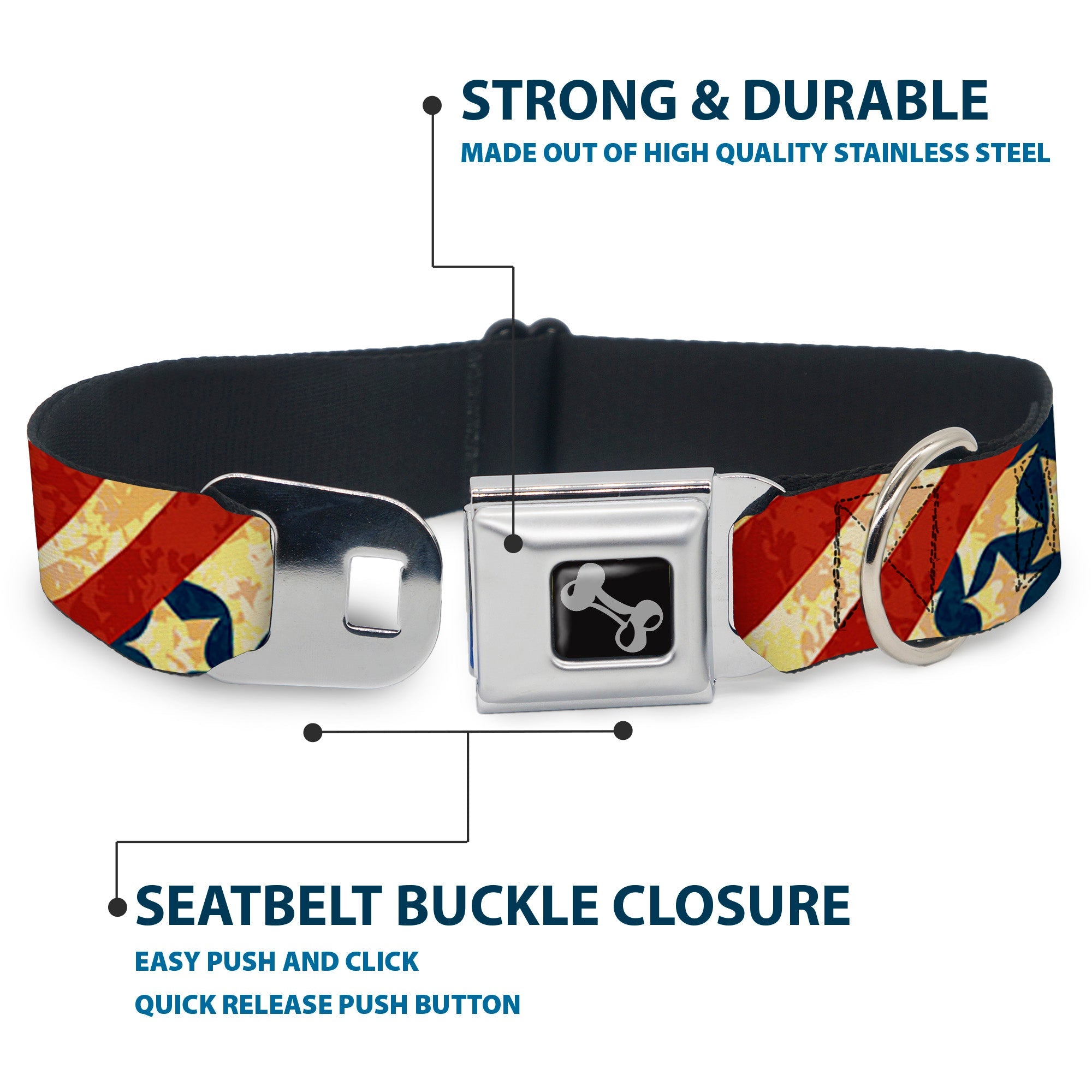 Dog Bone Seatbelt Buckle Collar - Americana Diagonal Vintage Stars & Stripes2