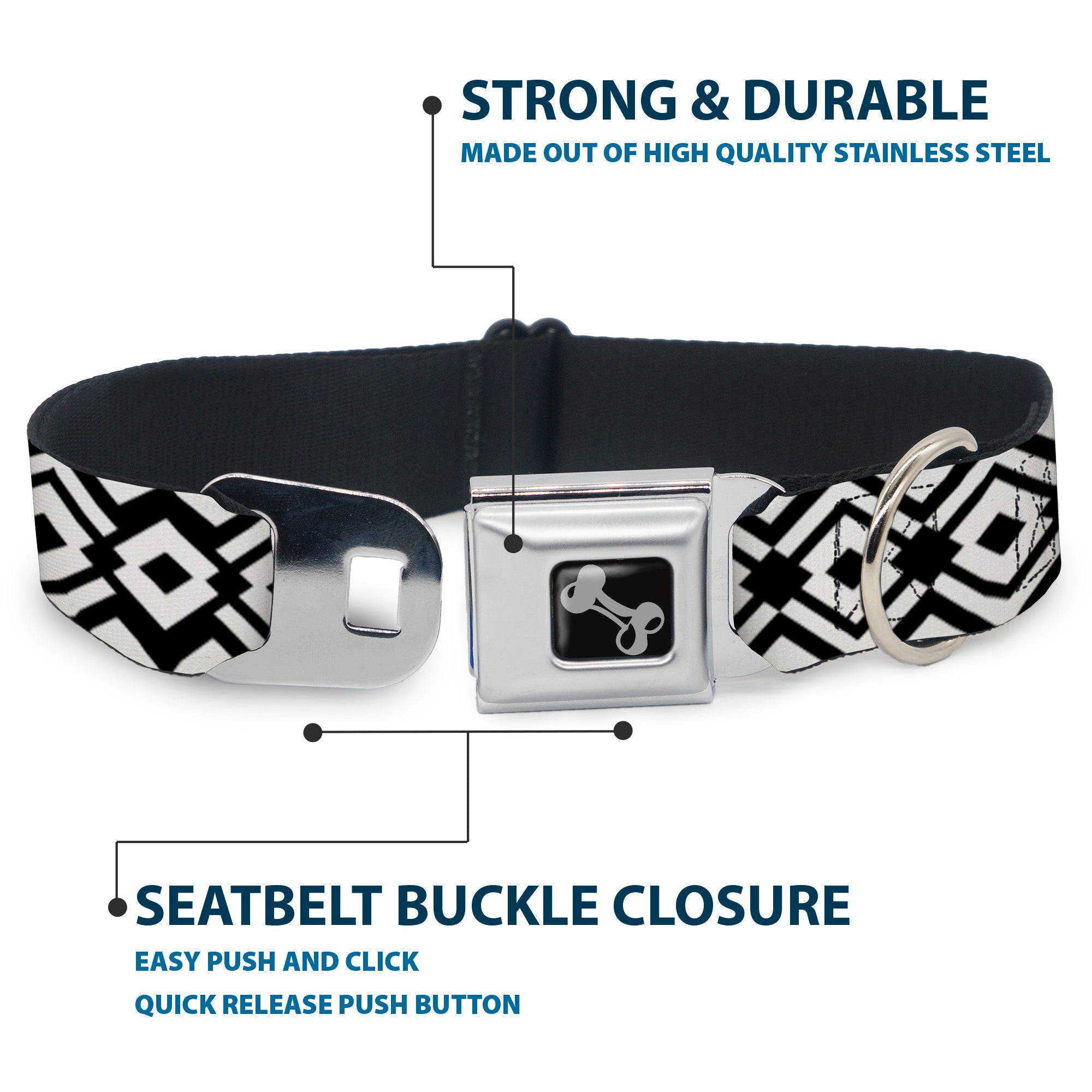 Dog Bone Seatbelt Buckle Collar - Aztec2 White/Black