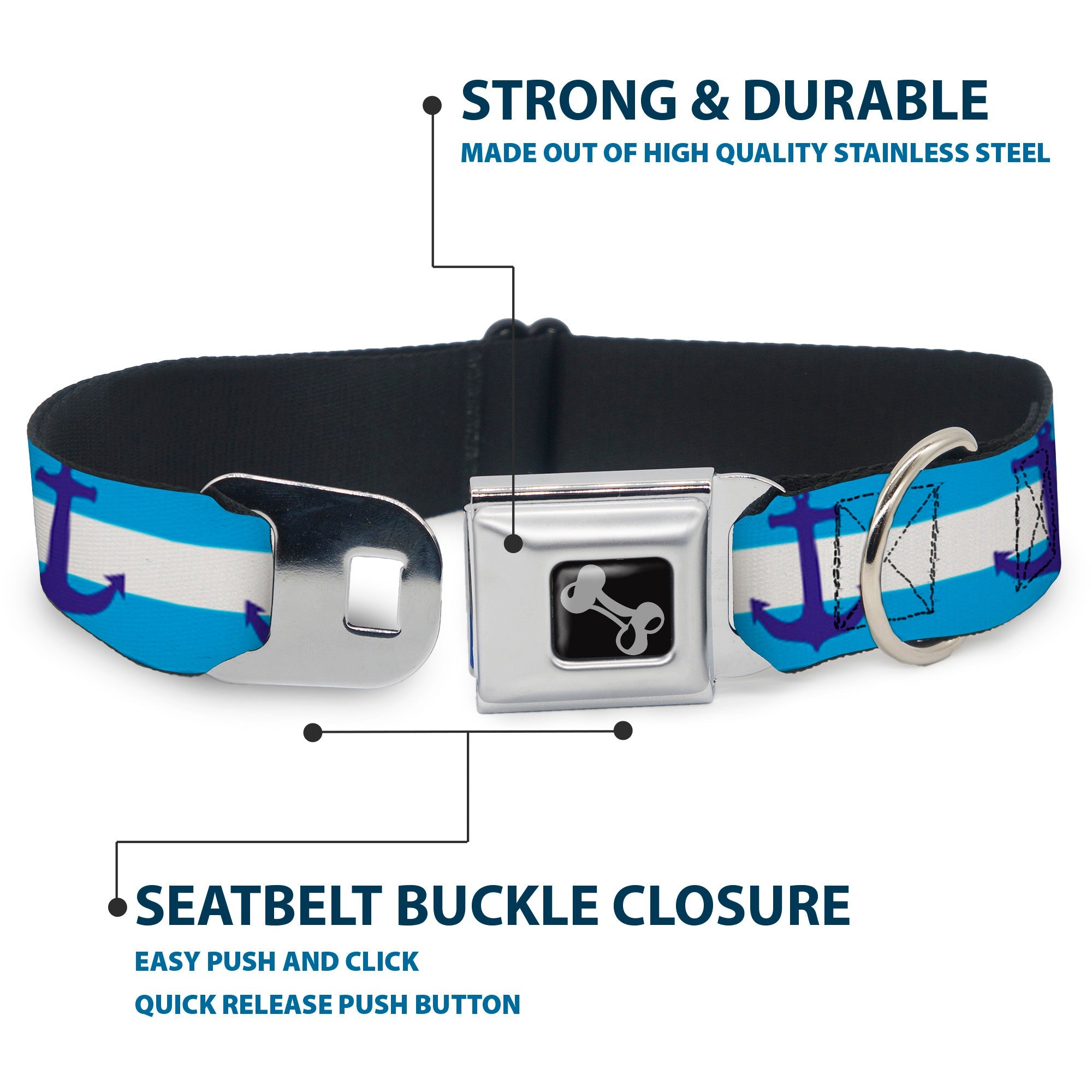 Dog Bone Seatbelt Buckle Collar - Anchor/Stripe Blues/White