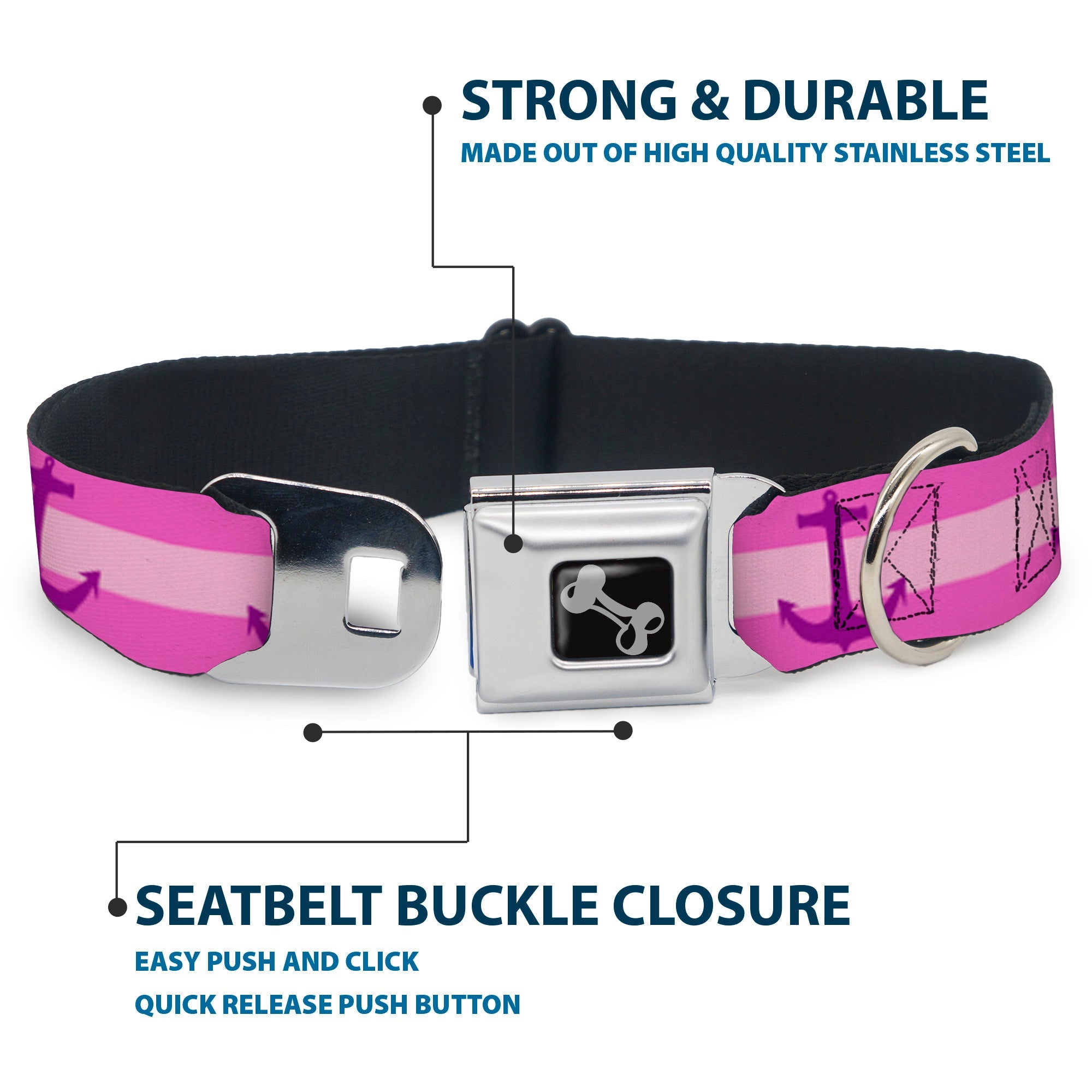 Dog Bone Seatbelt Buckle Collar - Anchor/Stripe Pinks/Purple
