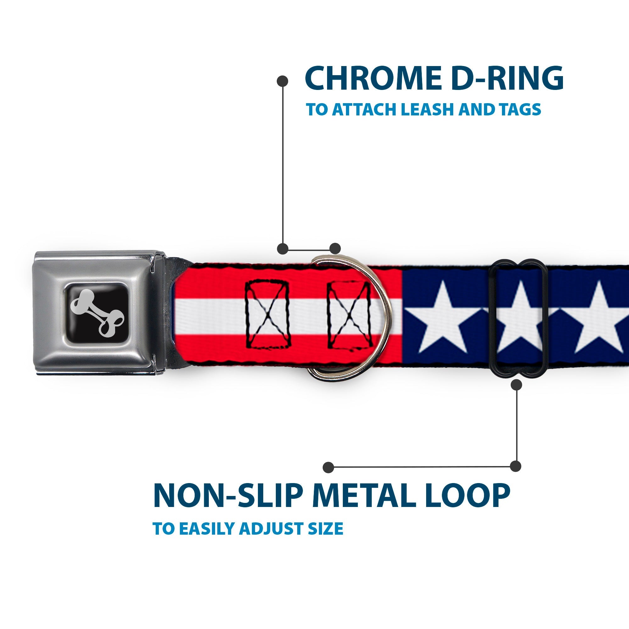 Dog Bone Seatbelt Buckle Collar - Americana Stars & Stripes