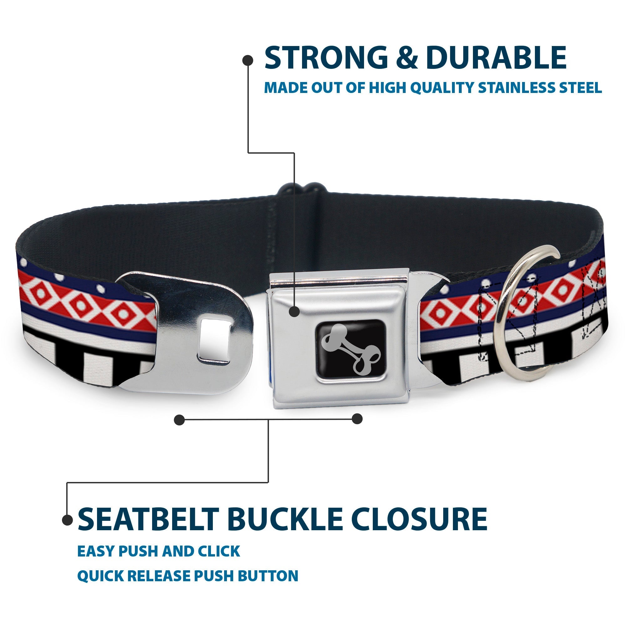 Dog Bone Seatbelt Buckle Collar - Aztec13 White/Navy/Red/Black