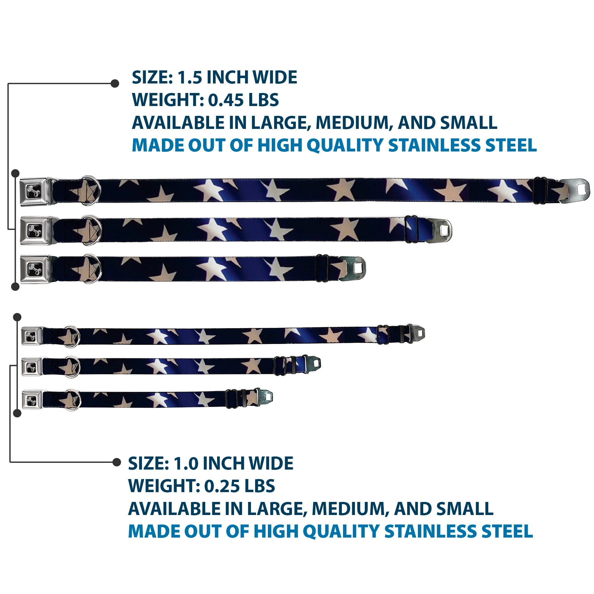 Dog Bone Seatbelt Buckle Collar - American Flag Vivid Stars CLOSE-UP Blue/White