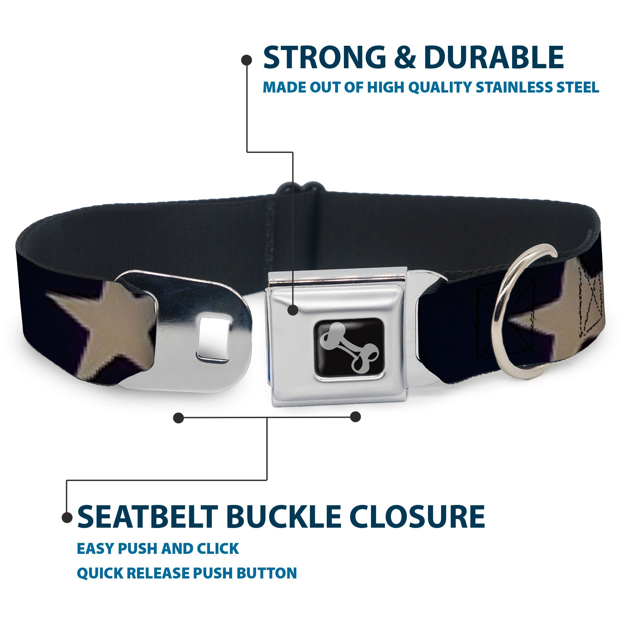 Dog Bone Seatbelt Buckle Collar - American Flag Vivid Stars CLOSE-UP Blue/White