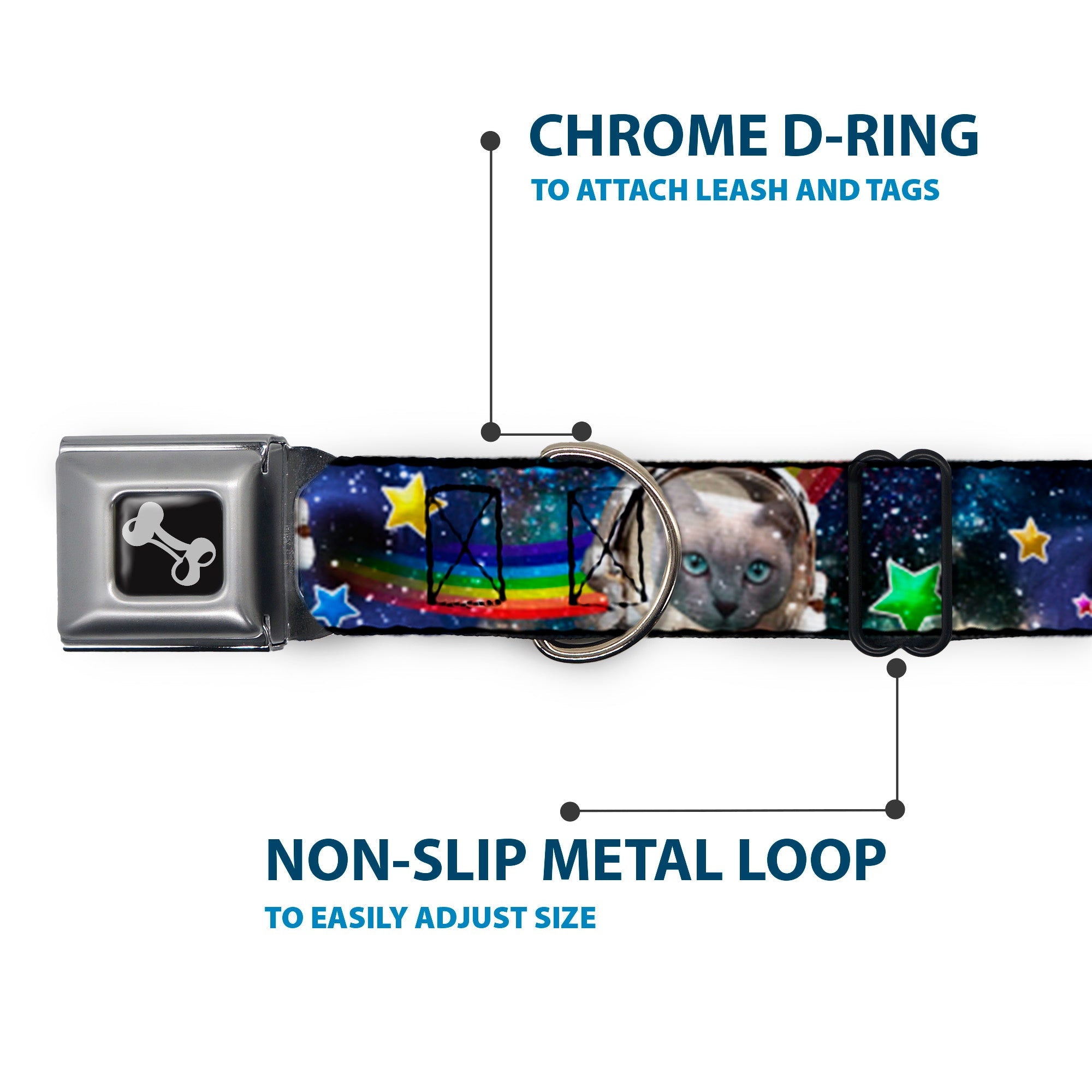Dog Bone Seatbelt Buckle Collar - Astronaut Cats in Space/Rainbows/Stars