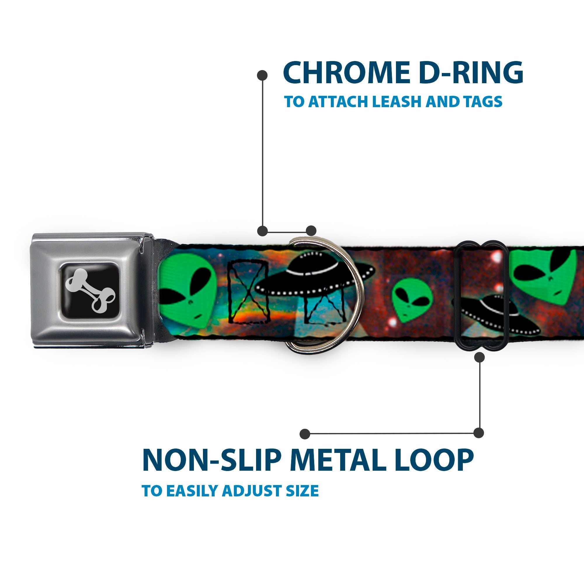 Dog Bone Seatbelt Buckle Collar - Aliens & UFO's Galaxy/Green/Black/White