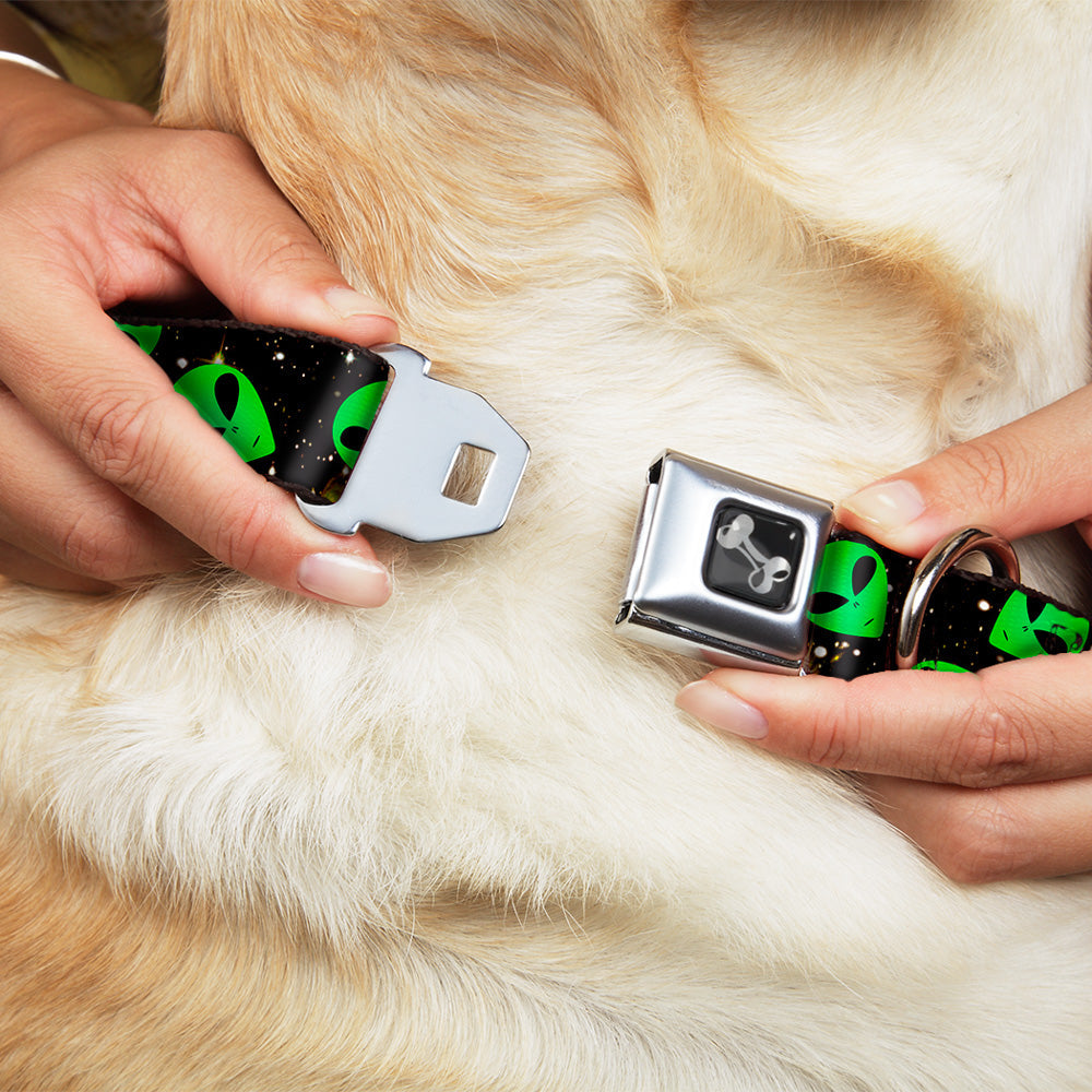 Dog Bone Seatbelt Buckle Collar - Aliens Head Scattered Galaxy2/Green/Black