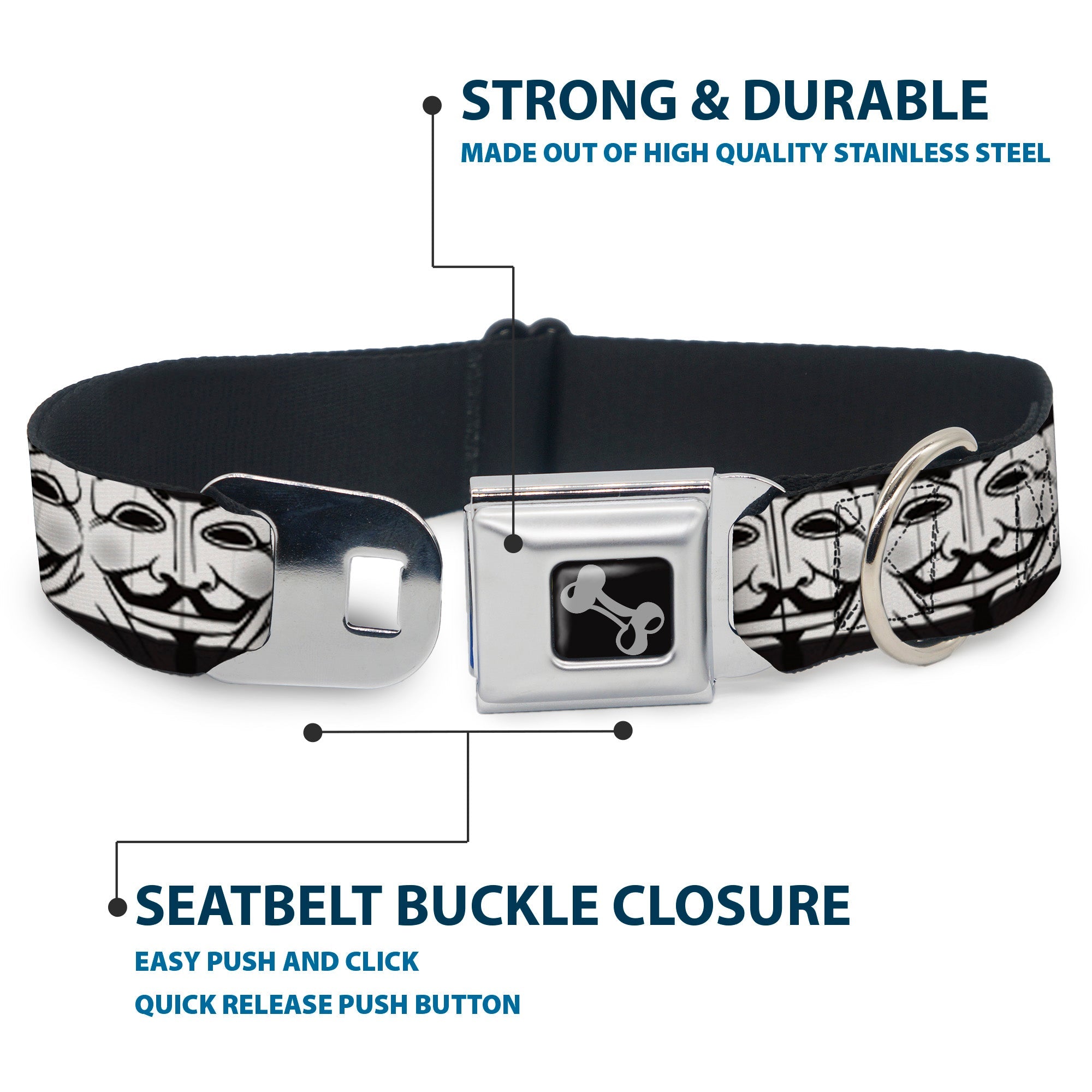 Dog Bone Seatbelt Buckle Collar - Anonymous Face CLOSE-UP Repeat White/Black/Gray