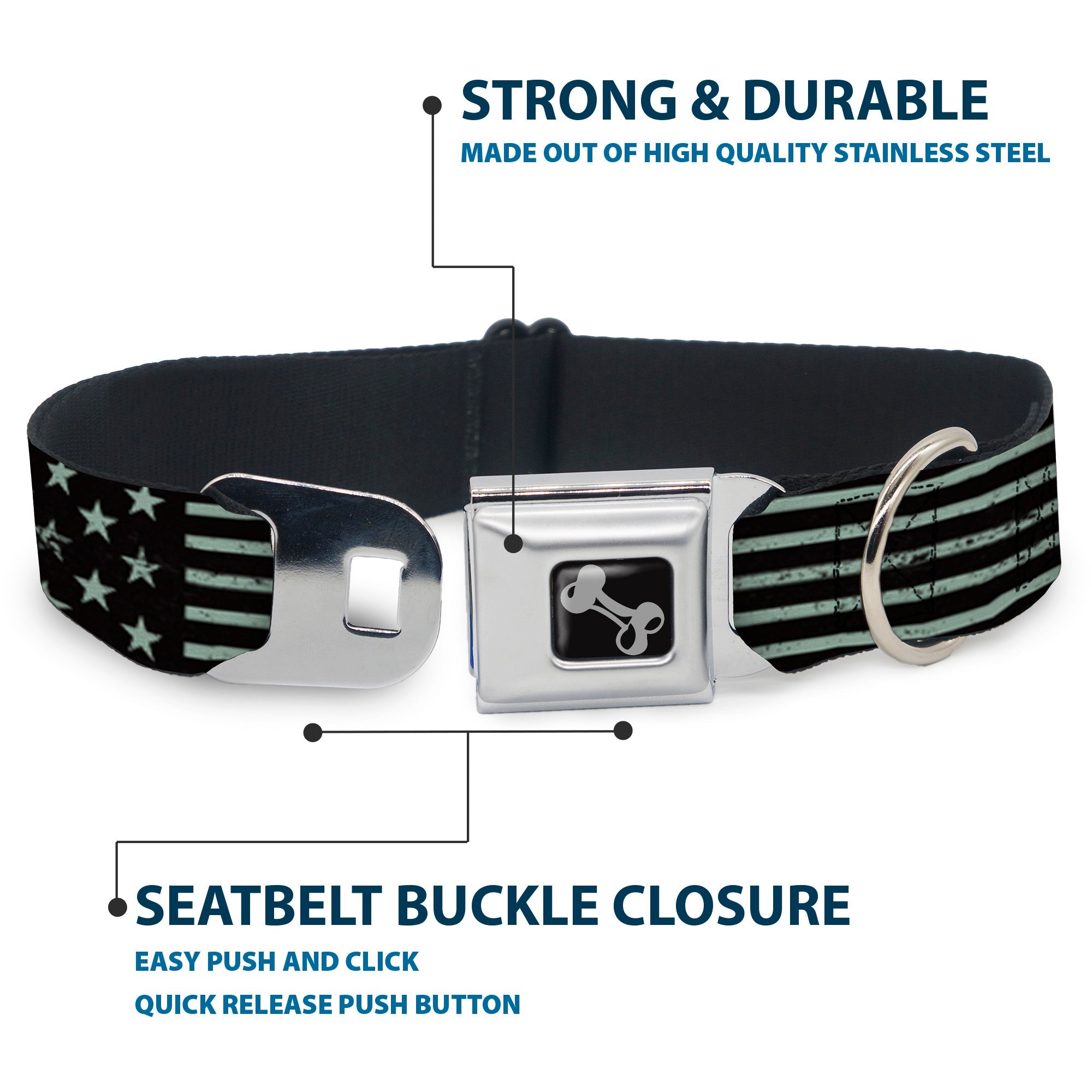 Dog Bone Seatbelt Buckle Collar - Americana Stars & Stripes2 Weathered Black/Gray