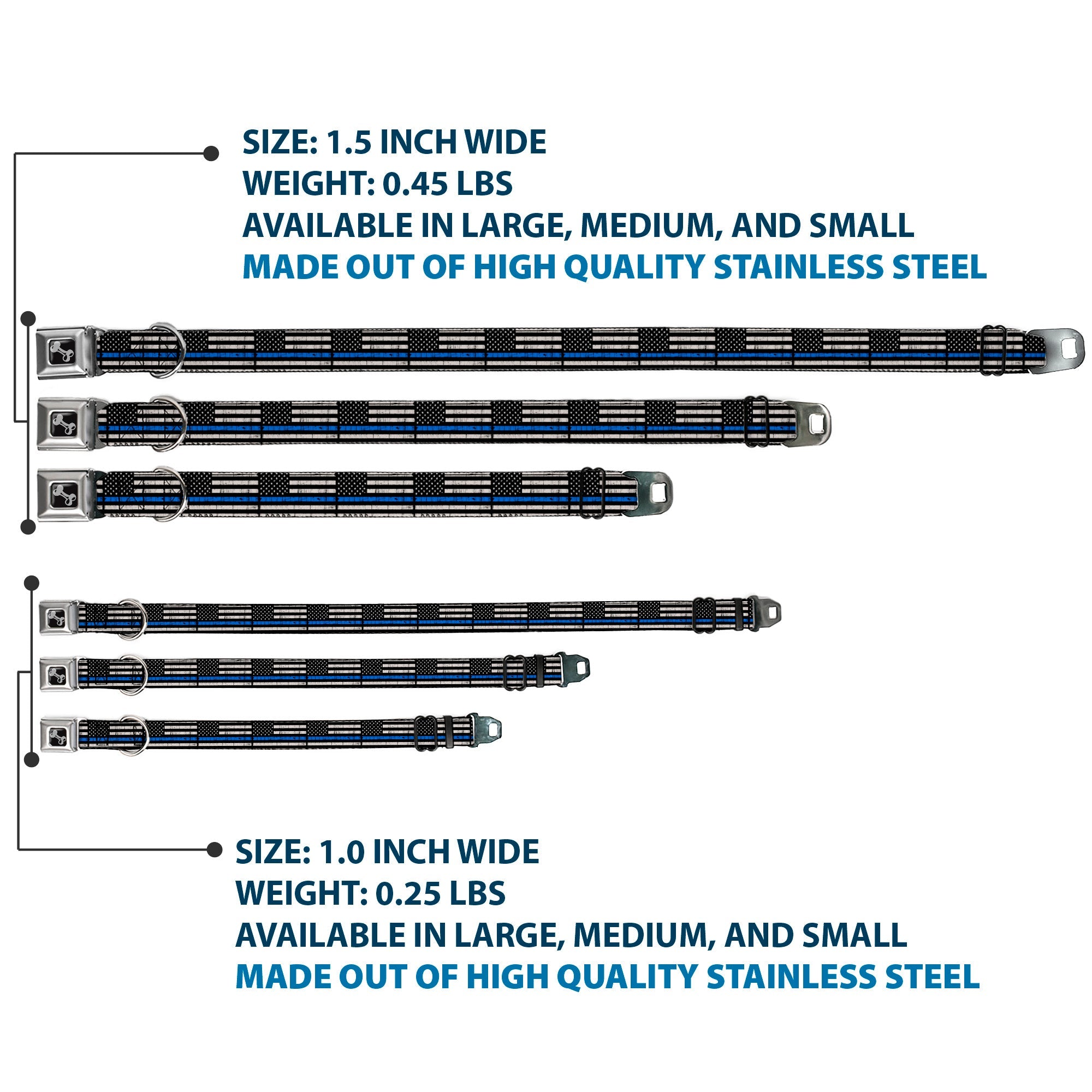 Dog Bone Black/Silver Seatbelt Buckle Collar - Thin Blue Line Flag Weathered Black/Gray/Blue