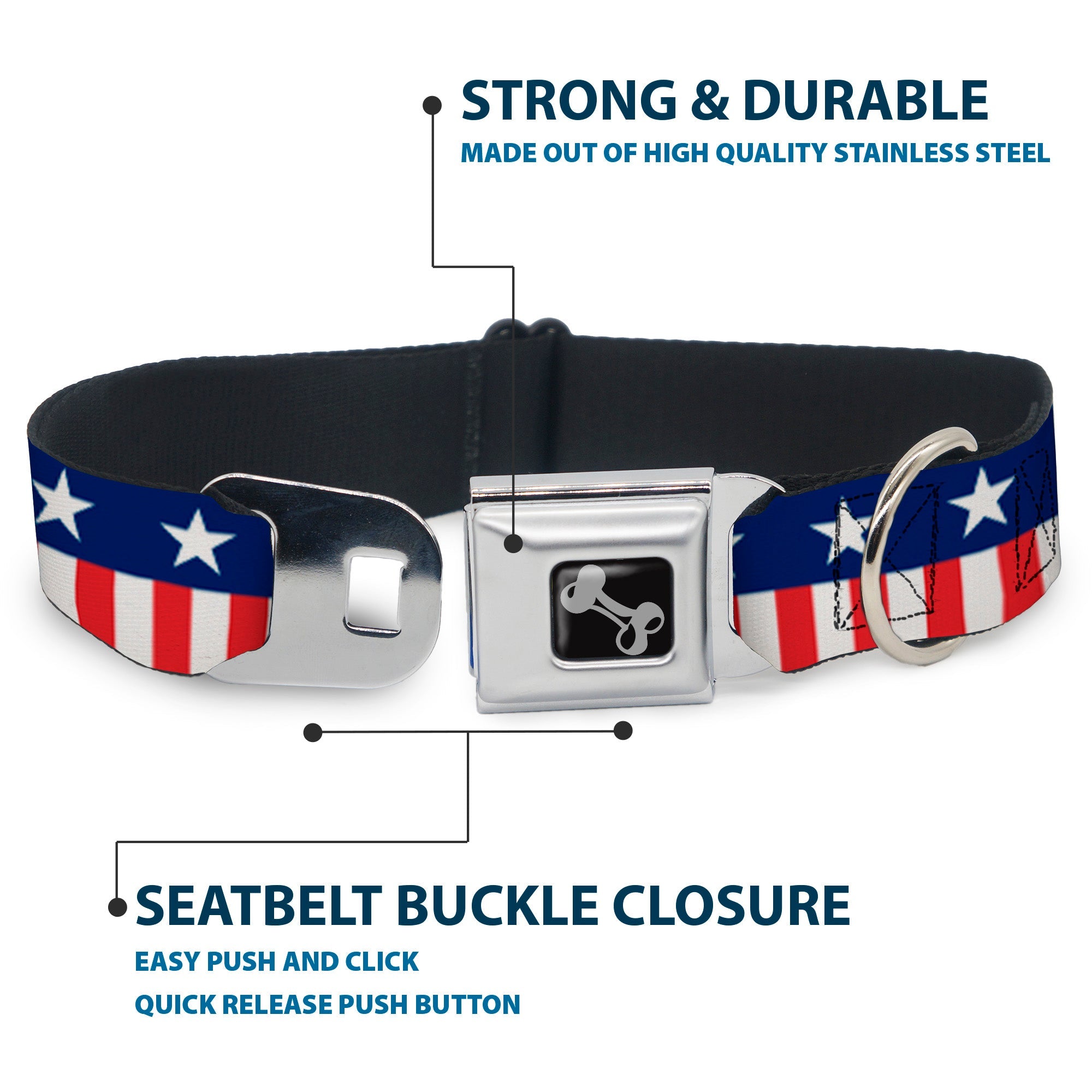 Dog Bone Seatbelt Buckle Collar - Americana Stars & Stripes2 Blue/White/Red/White
