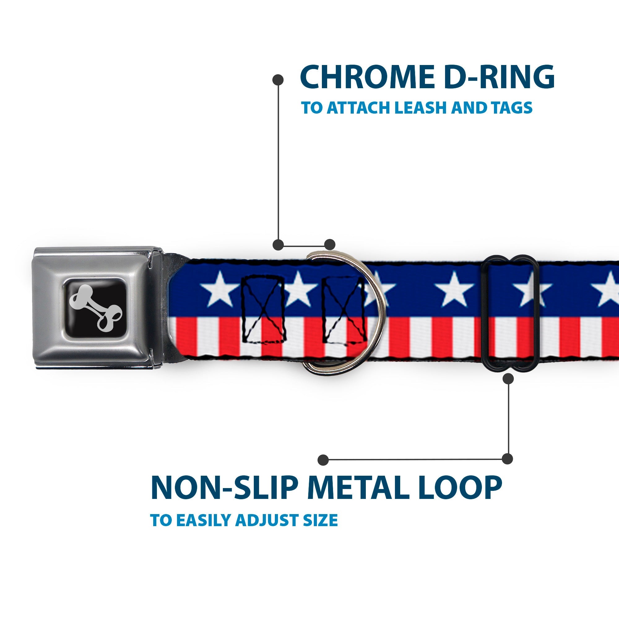 Dog Bone Seatbelt Buckle Collar - Americana Stars & Stripes2 Blue/White/Red/White