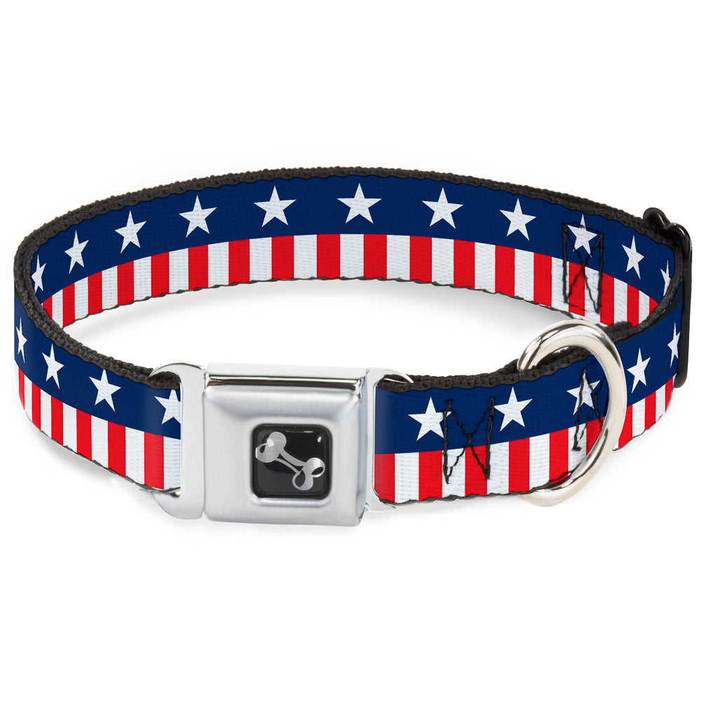 Dog Bone Seatbelt Buckle Collar - Americana Stars & Stripes2 Blue/White/Red/White