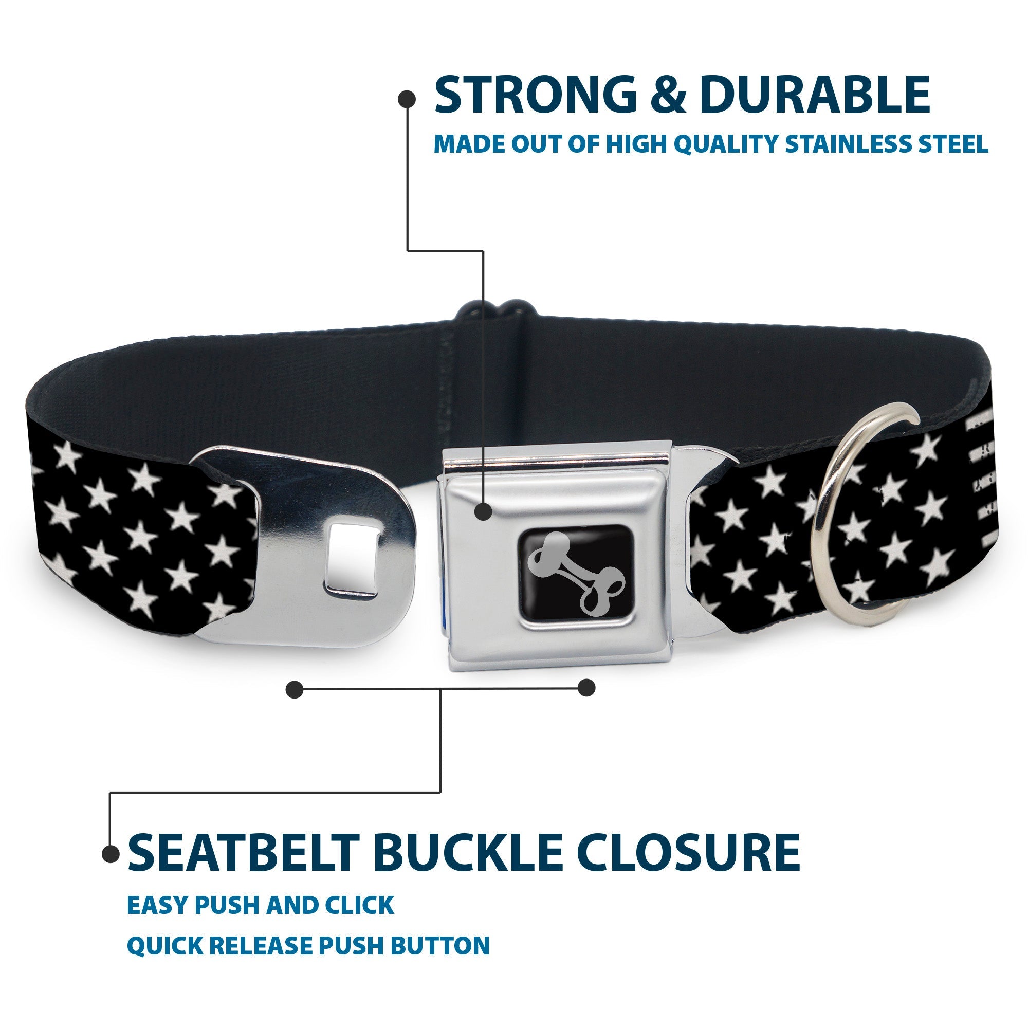 Dog Bone Seatbelt Buckle Collar - Americana Stars & Stripes2 Black/White