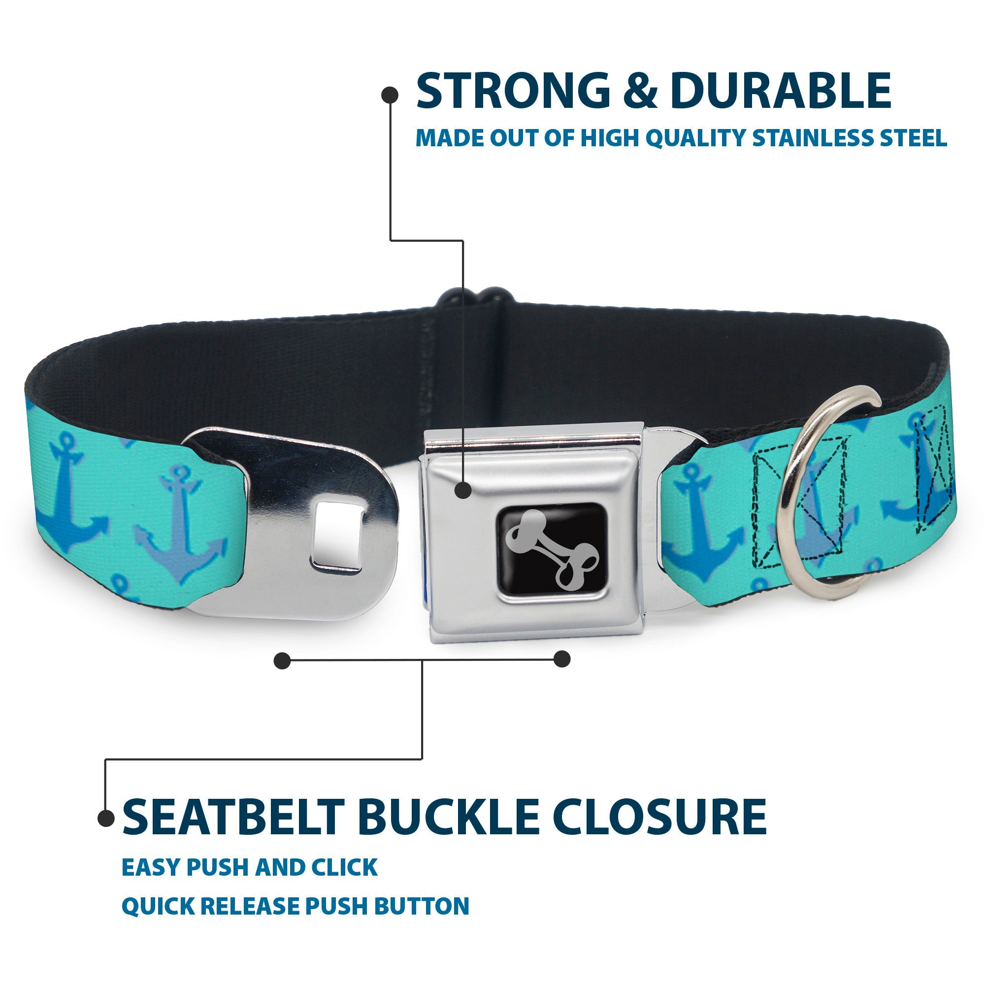 Dog Bone Seatbelt Buckle Collar - Anchor2 CLOSE-UP Turquoise/Blues