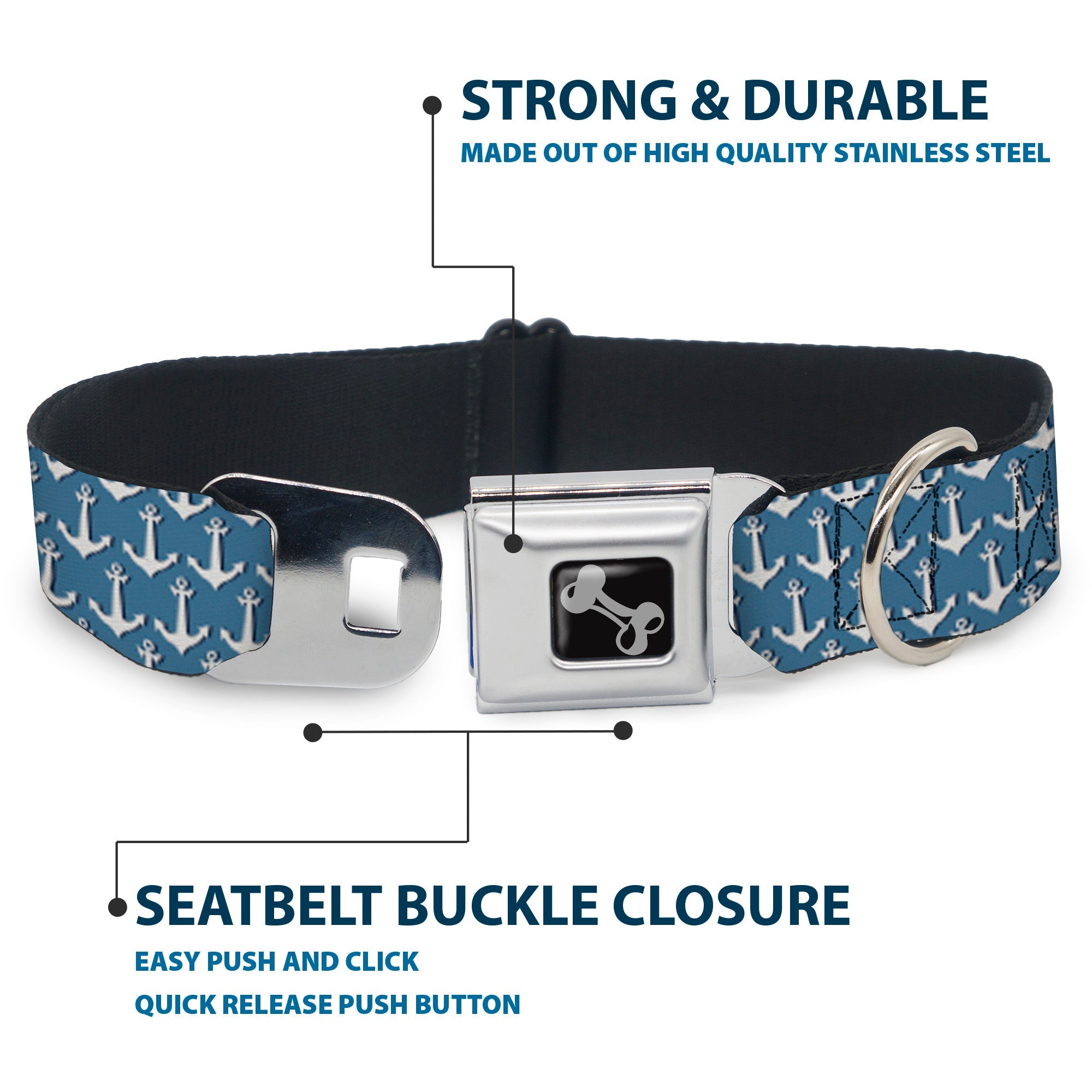 Dog Bone Seatbelt Buckle Collar - Anchor2 Monogram Baby Blue/Navy/White
