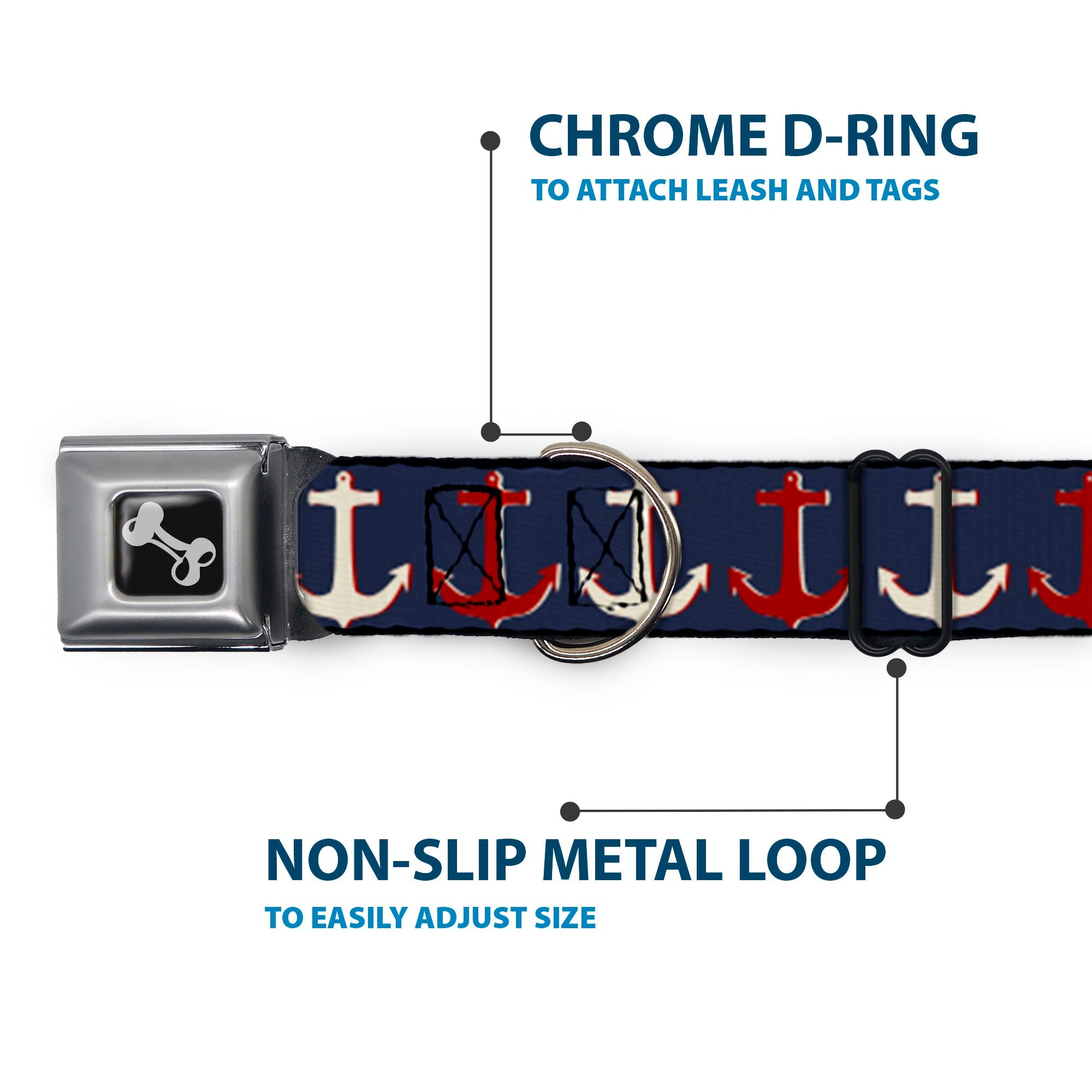 Dog Bone Seatbelt Buckle Collar - Anchor3 CLOSE-UP Navy/Red/Cream