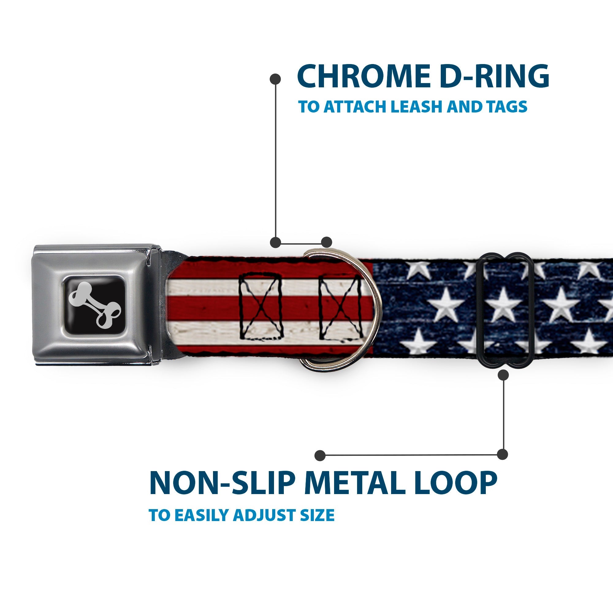 Dog Bone Seatbelt Buckle Collar - Americana Rustic Stars & Stripes