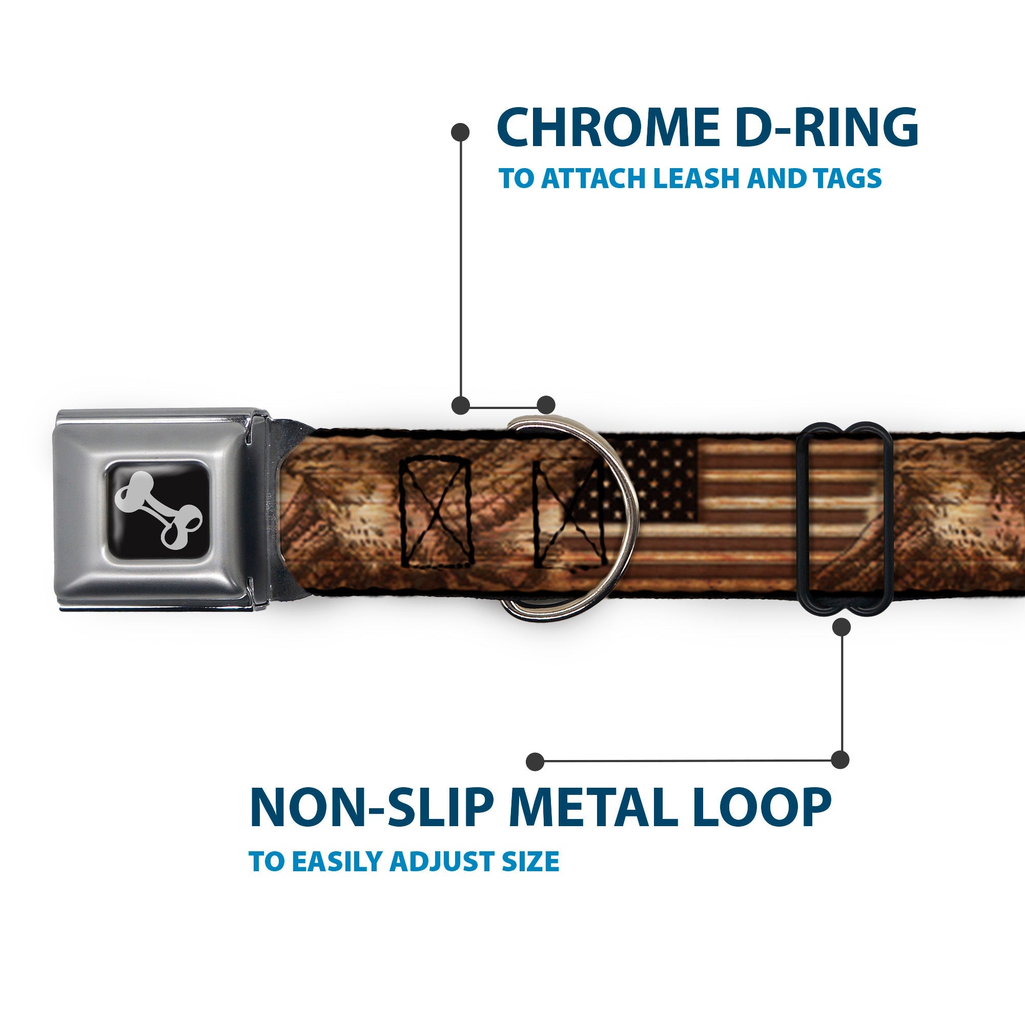 Dog Bone Seatbelt Buckle Collar - Americana Eagle & Flag Rustic Wood Grain