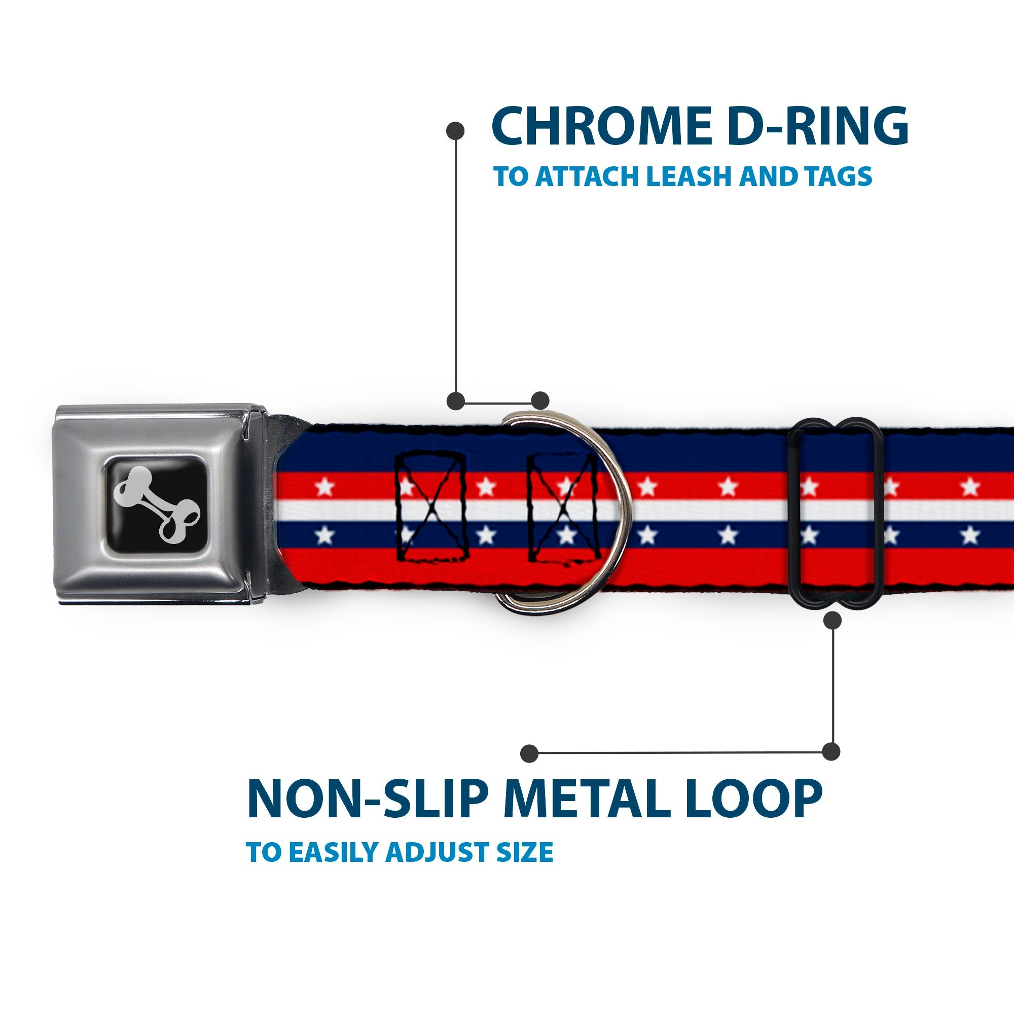 Dog Bone Seatbelt Buckle Collar - Americana Stripe w/Stars Blue/Red/White