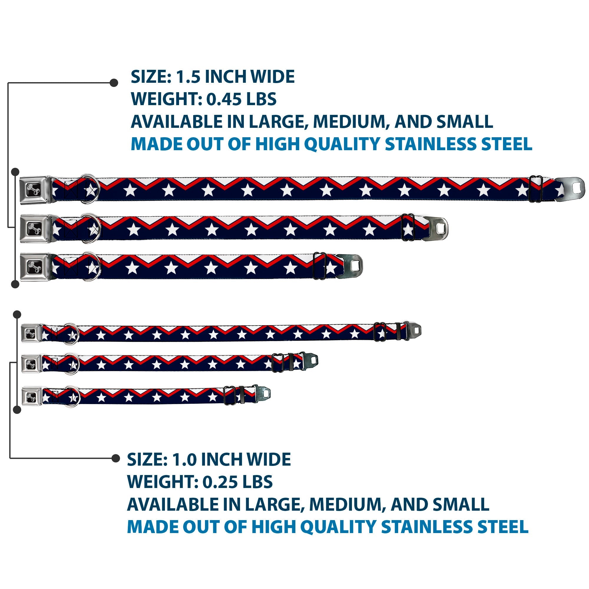 Dog Bone Seatbelt Buckle Collar - American Chevron & Stripes White/Red/Blue