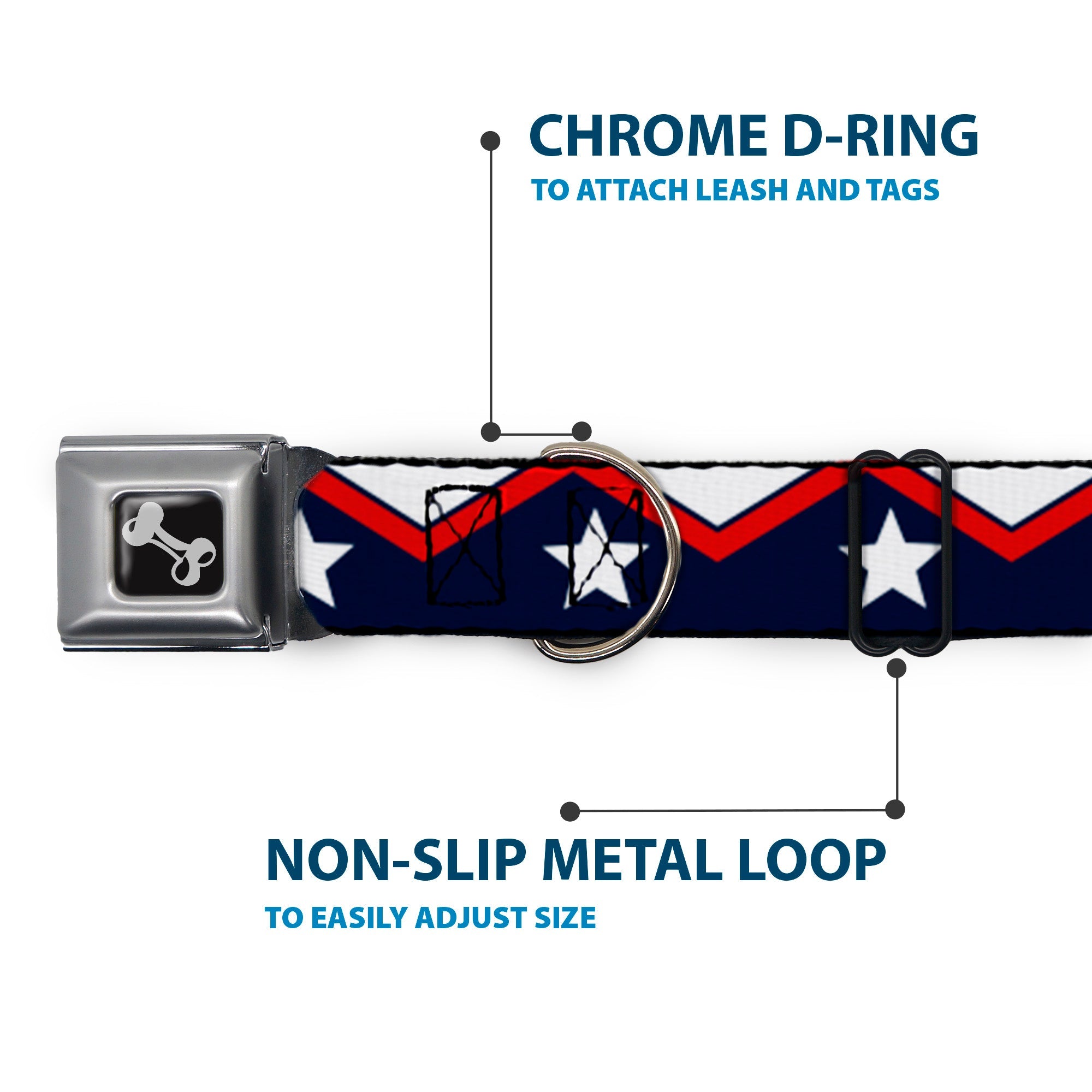 Dog Bone Seatbelt Buckle Collar - American Chevron & Stripes White/Red/Blue