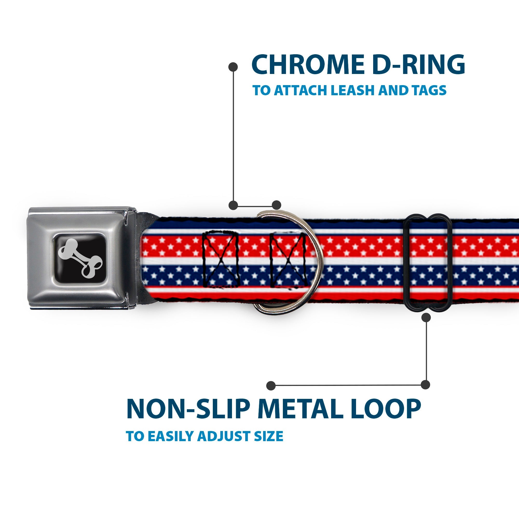 Dog Bone Seatbelt Buckle Collar - Americana Stripe w/Mini Stars Blue/Red/White