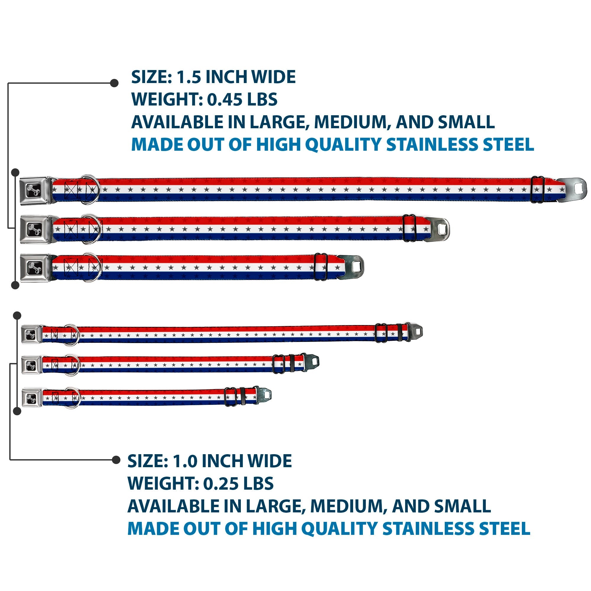 Dog Bone Seatbelt Buckle Collar - Americana Star Stripes Red/White/Blue