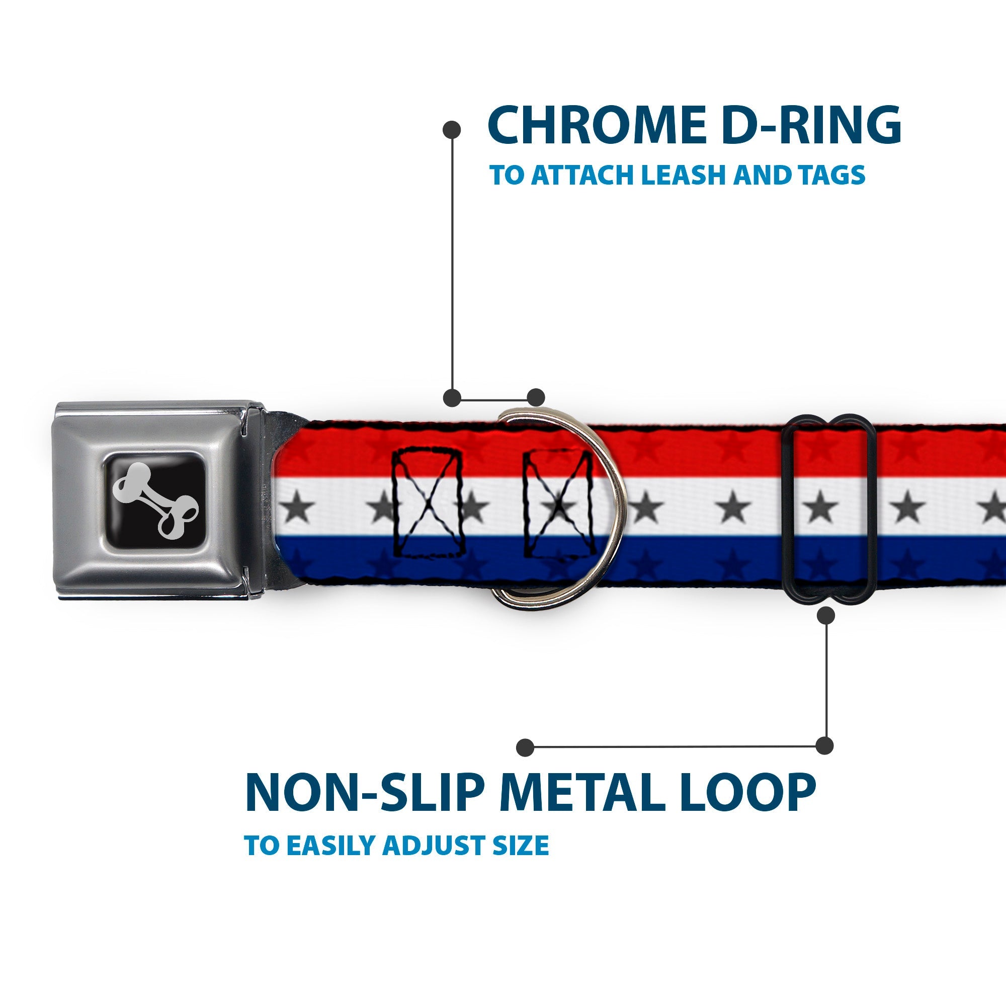 Dog Bone Seatbelt Buckle Collar - Americana Star Stripes Red/White/Blue