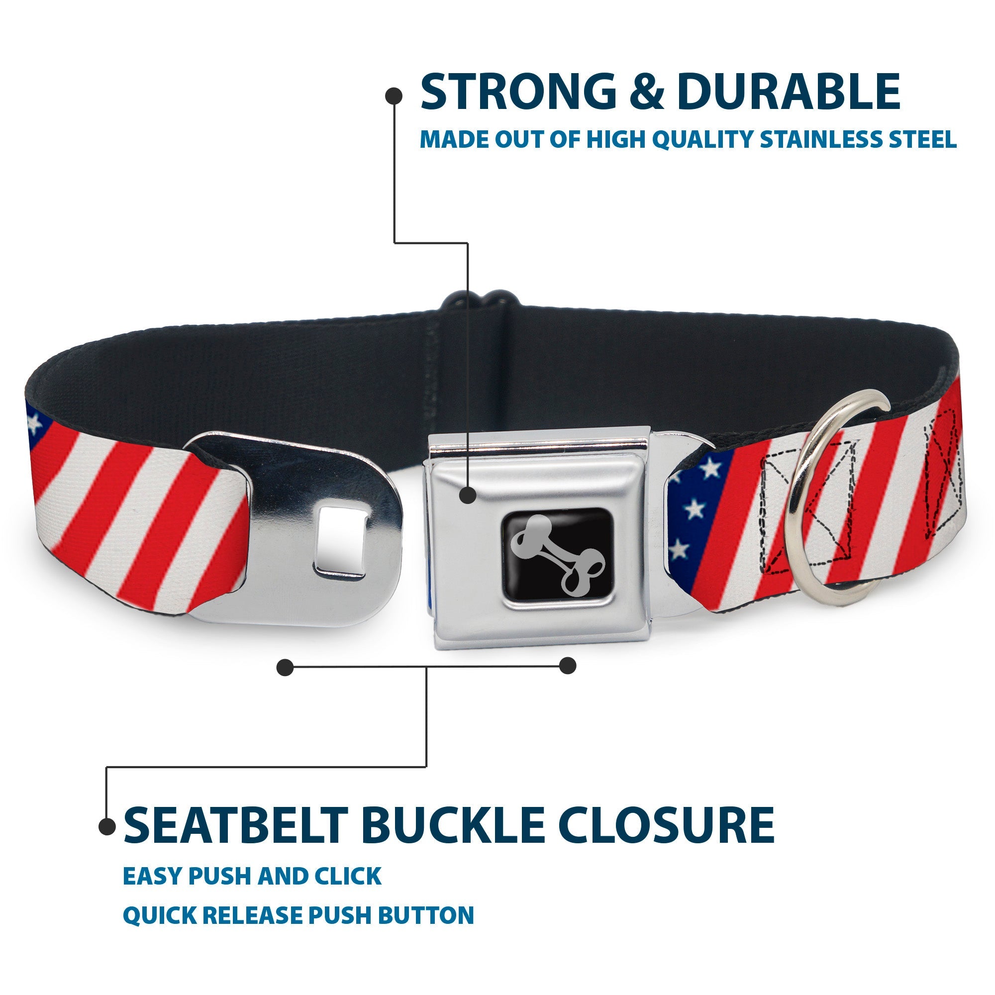 Dog Bone Seatbelt Buckle Collar - American Flag Diagonal
