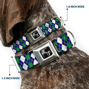 Dog Bone Black/Silver Seatbelt Buckle Collar - Argyle Navy/Green/White/Gold