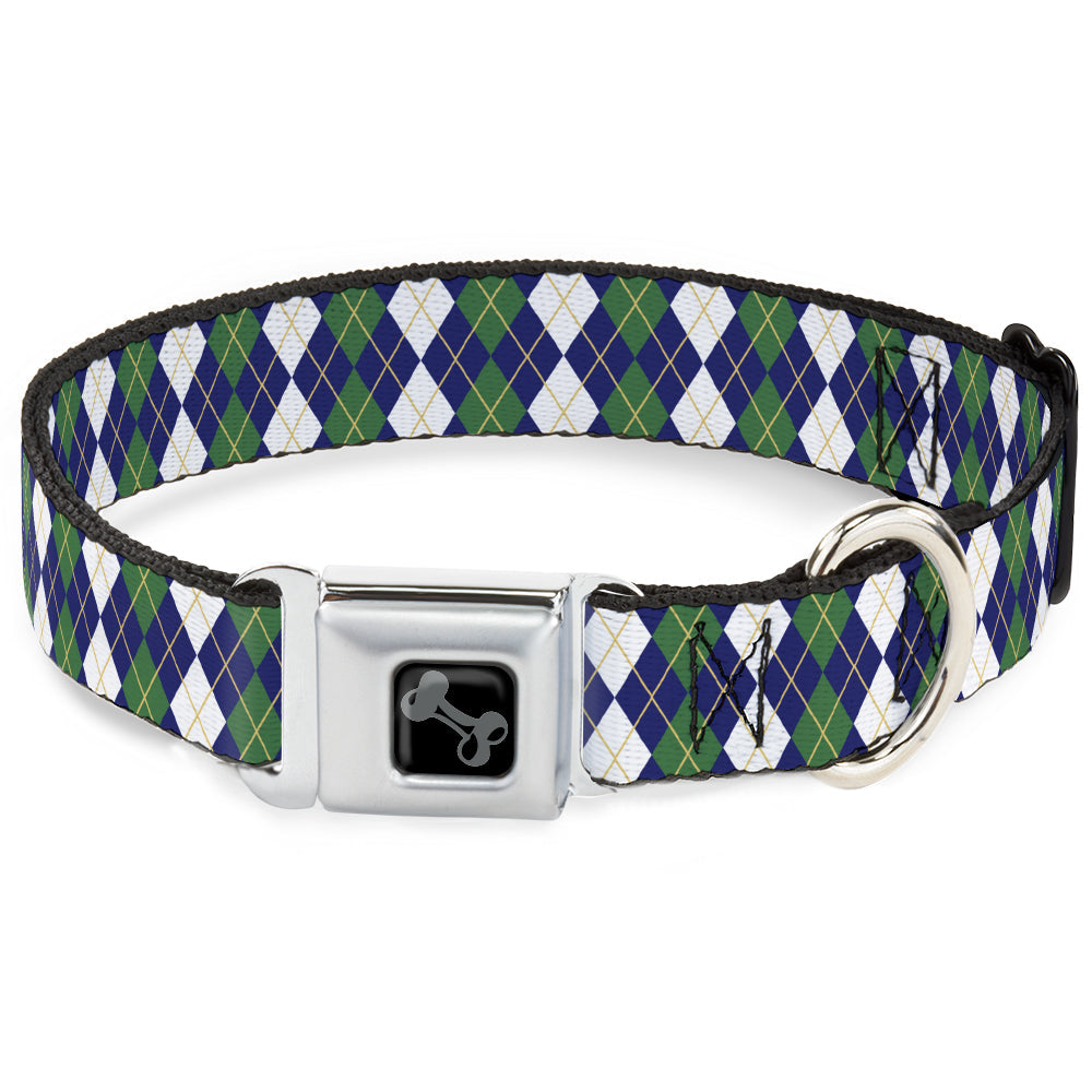 Dog Bone Black/Silver Seatbelt Buckle Collar - Argyle Navy/Green/White/Gold