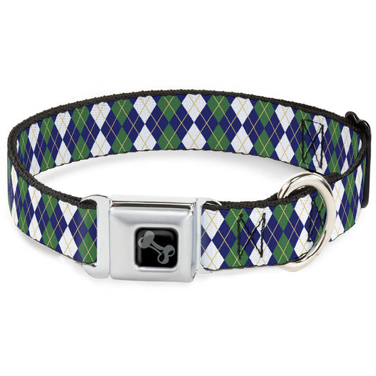 Dog Bone Black/Silver Seatbelt Buckle Collar - Argyle Navy/Green/White/Gold