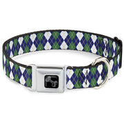 Dog Bone Black/Silver Seatbelt Buckle Collar - Argyle Navy/Green/White/Gold