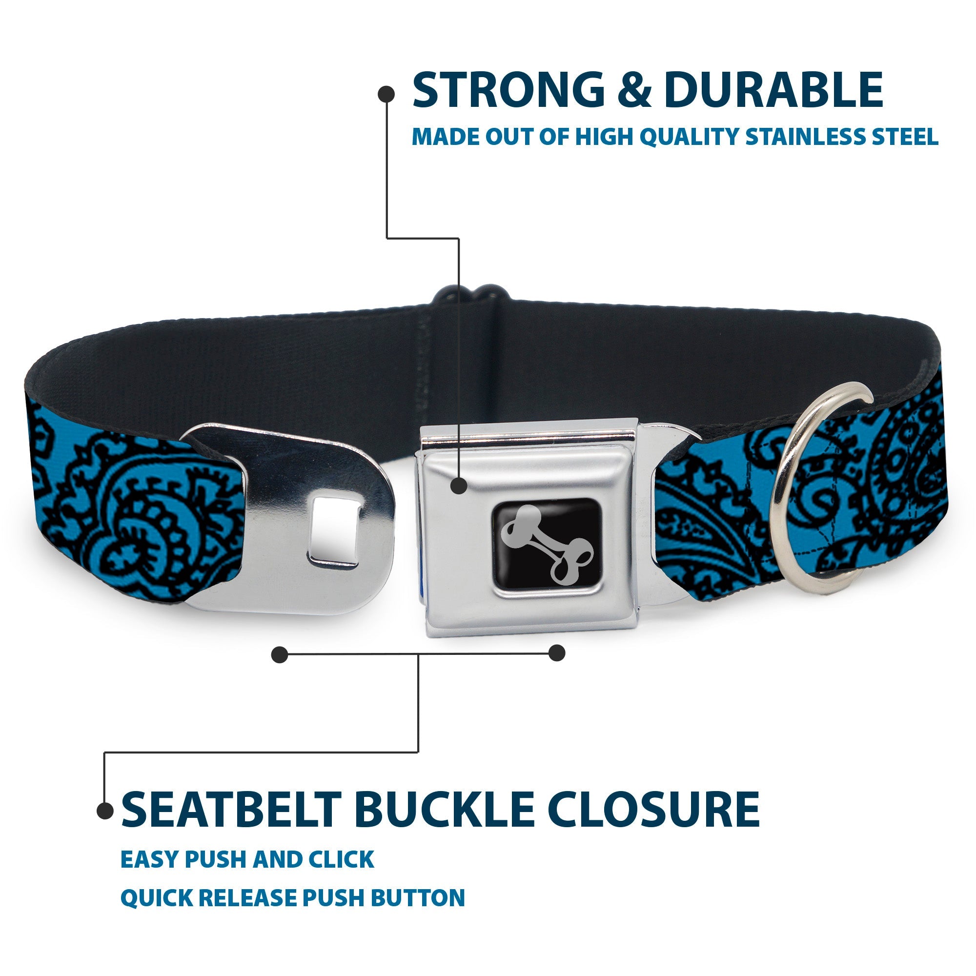 Dog Bone Seatbelt Buckle Collar - Bandana/Skulls Baby Blue/Black