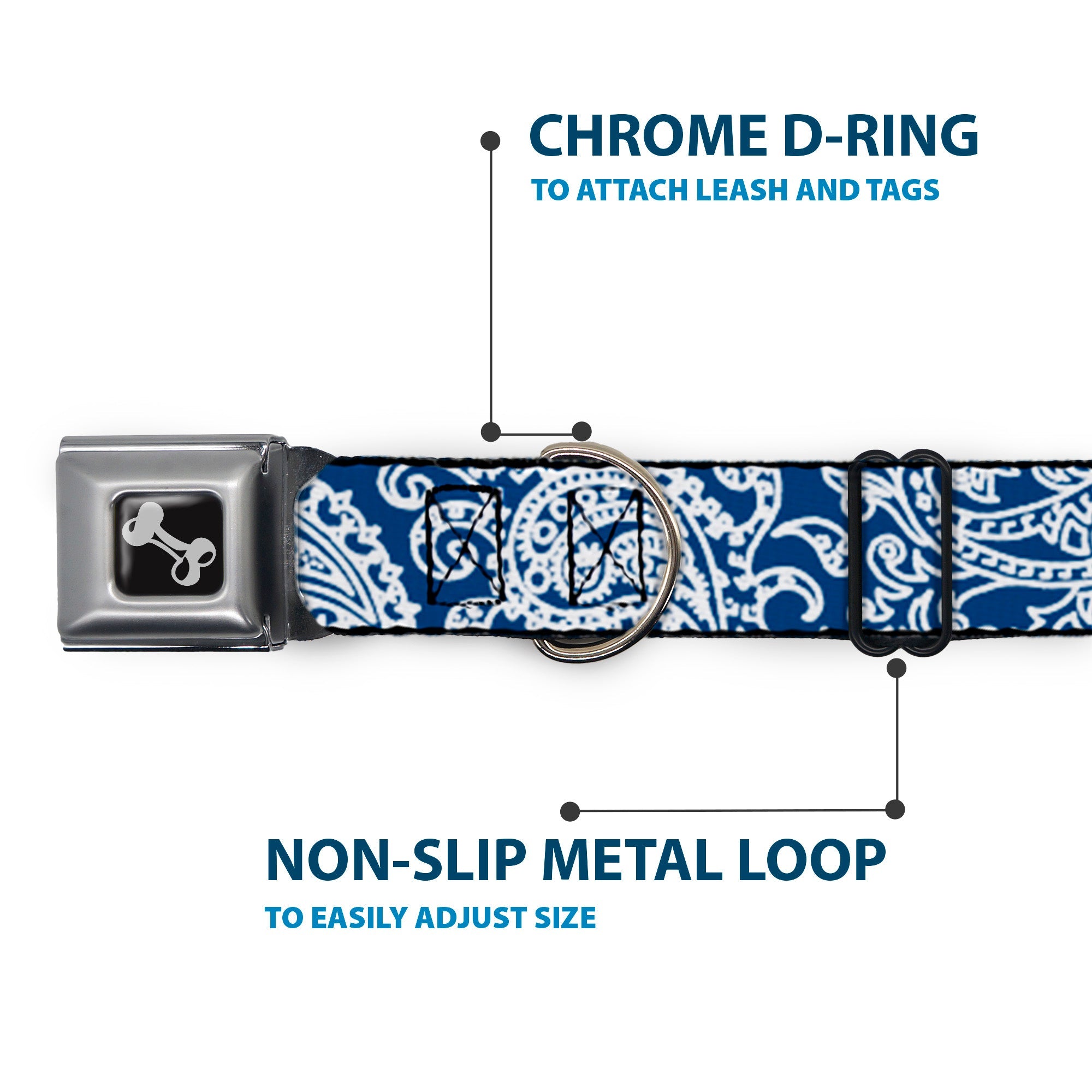 Dog Bone Seatbelt Buckle Collar - Bandana/Skulls Royal/White