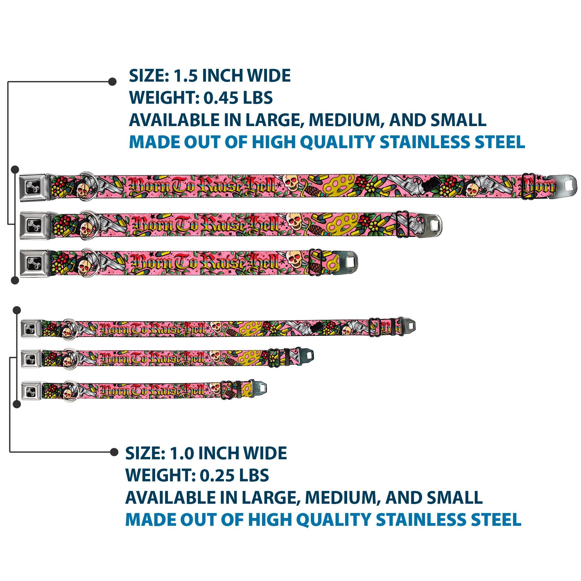 Dog Bone Seatbelt Buckle Collar - Born to Raise Hell Pink