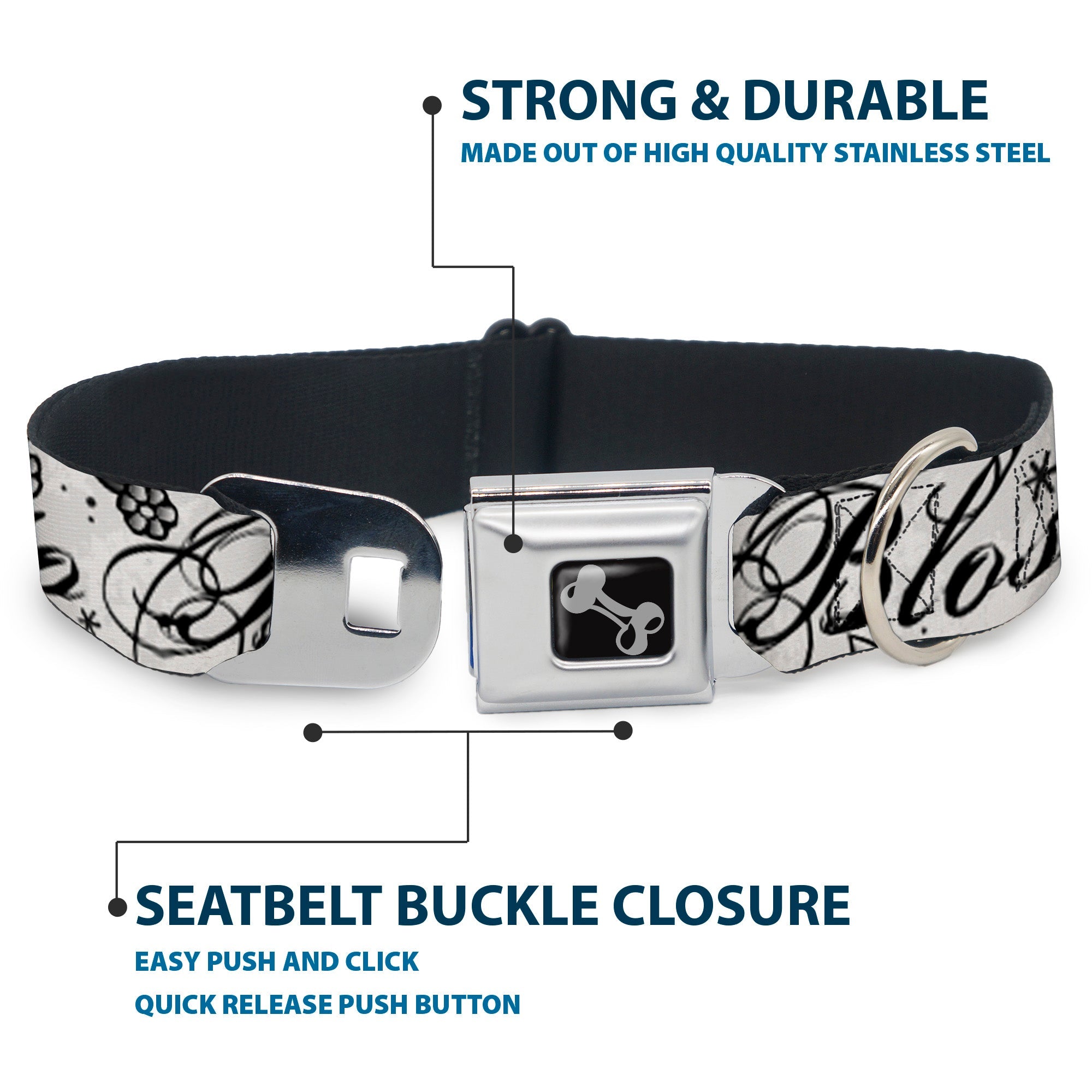 Dog Bone Seatbelt Buckle Collar - Born to Blossom Black/White