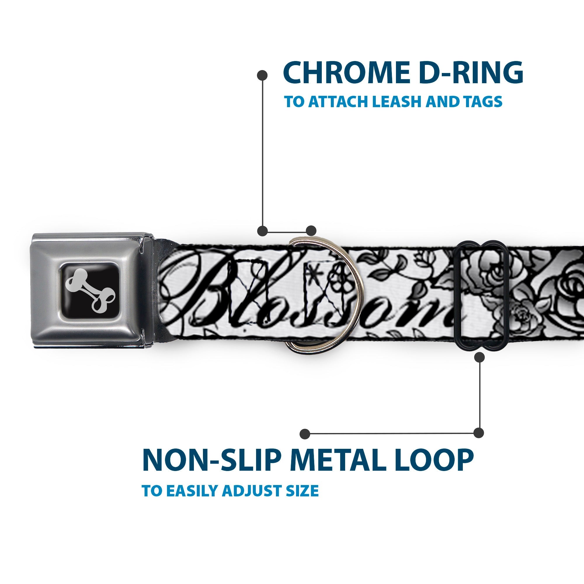 Dog Bone Seatbelt Buckle Collar - Born to Blossom Black/White