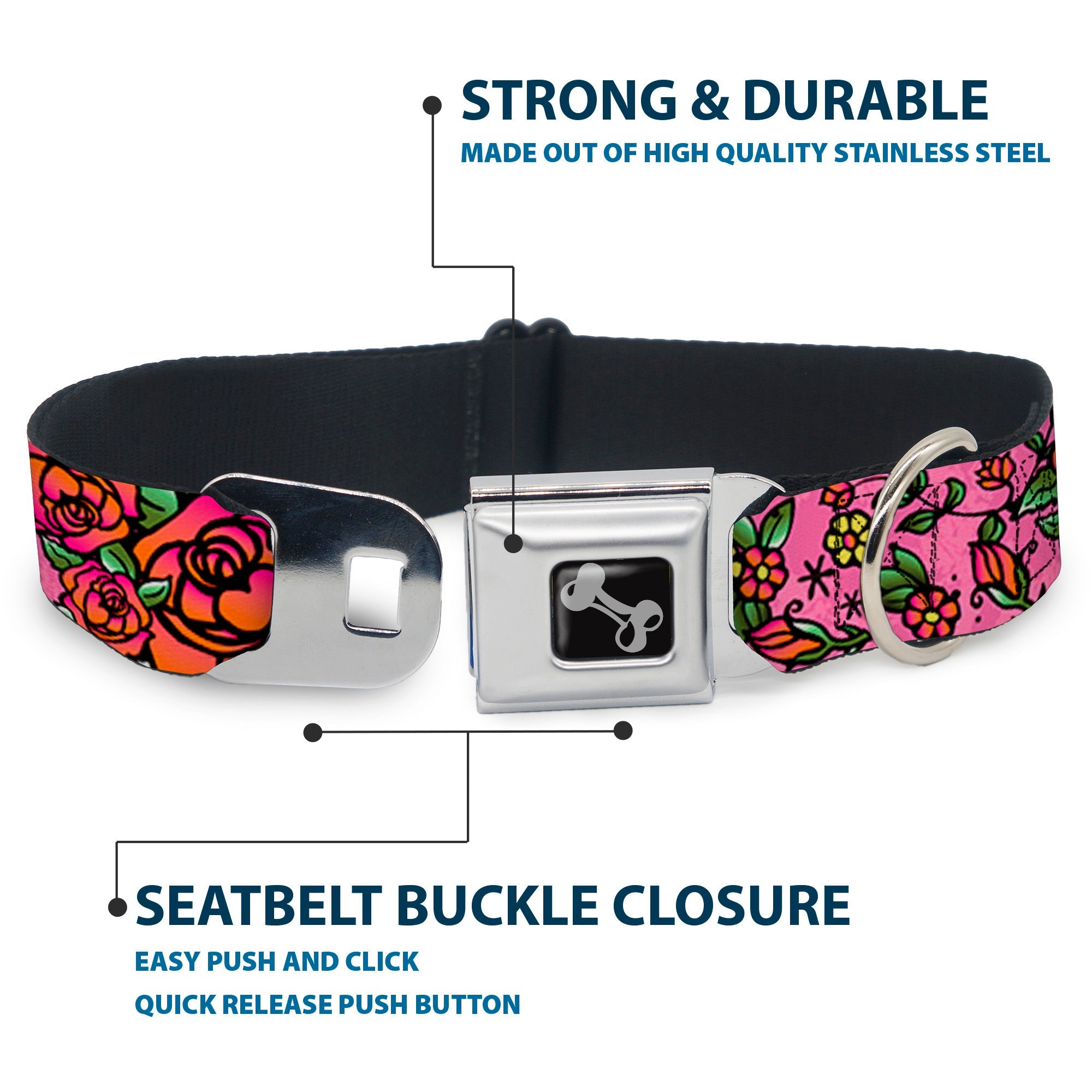 Dog Bone Seatbelt Buckle Collar - Born to Blossom CLOSE-UP Pink