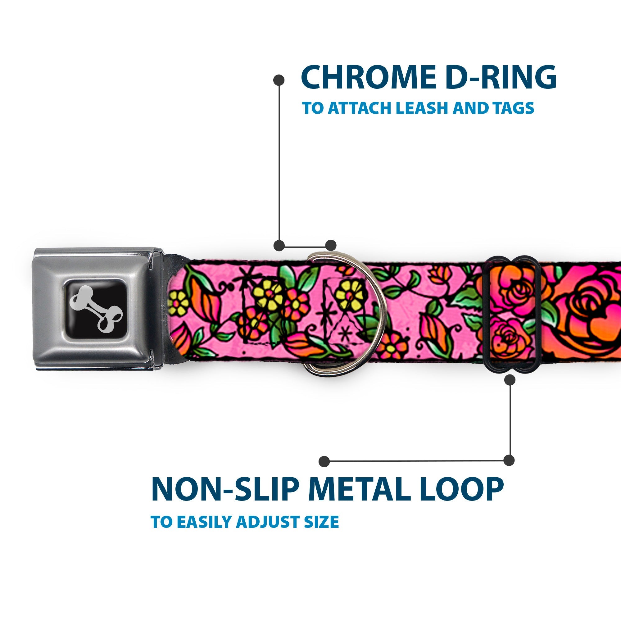Dog Bone Seatbelt Buckle Collar - Born to Blossom CLOSE-UP Pink