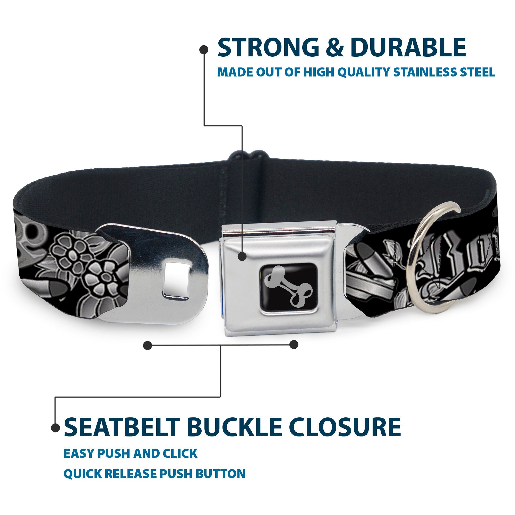 Dog Bone Seatbelt Buckle Collar - Born to Raise Hell Black/White