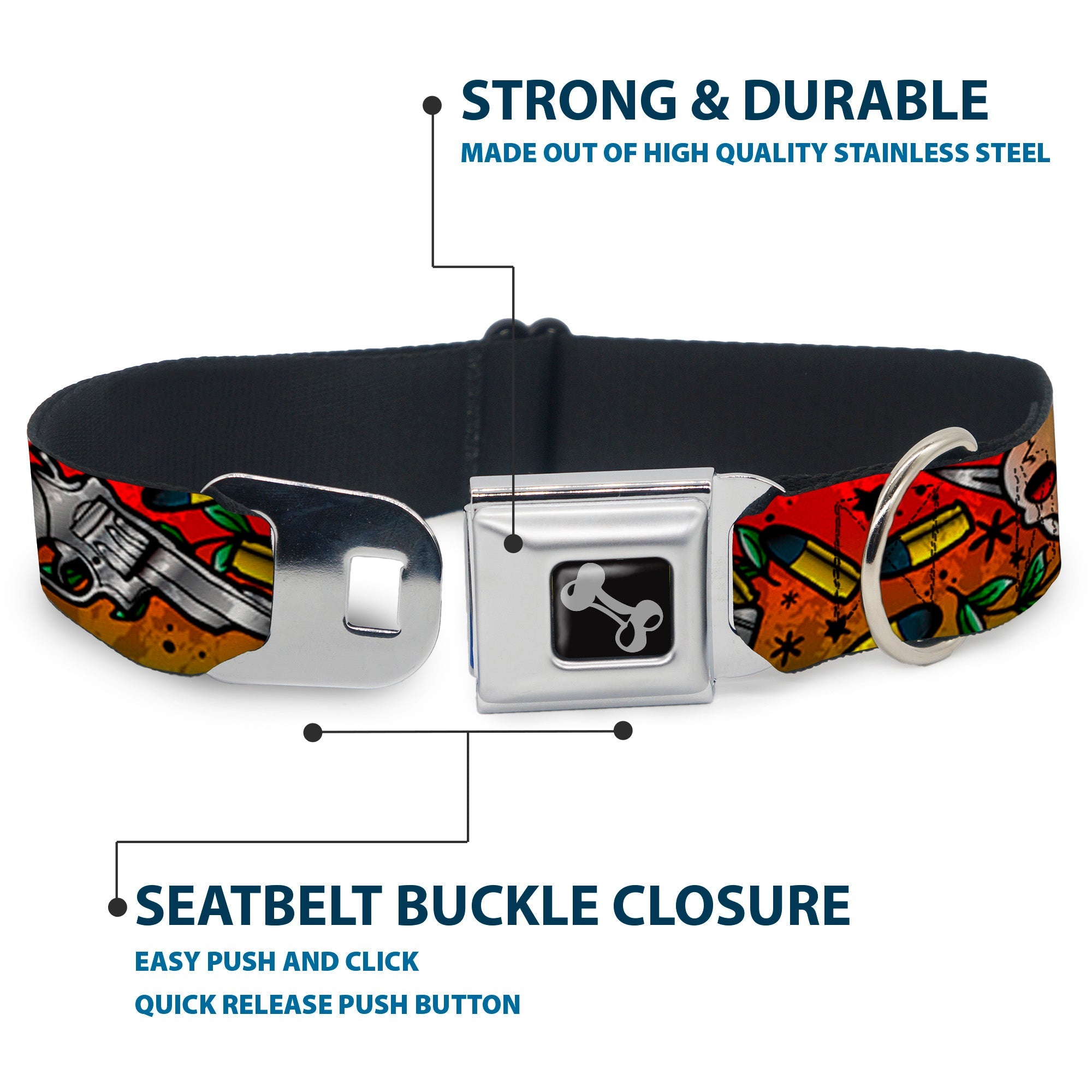 Dog Bone Seatbelt Buckle Collar - Born to Raise Hell CLOSE-UP Red